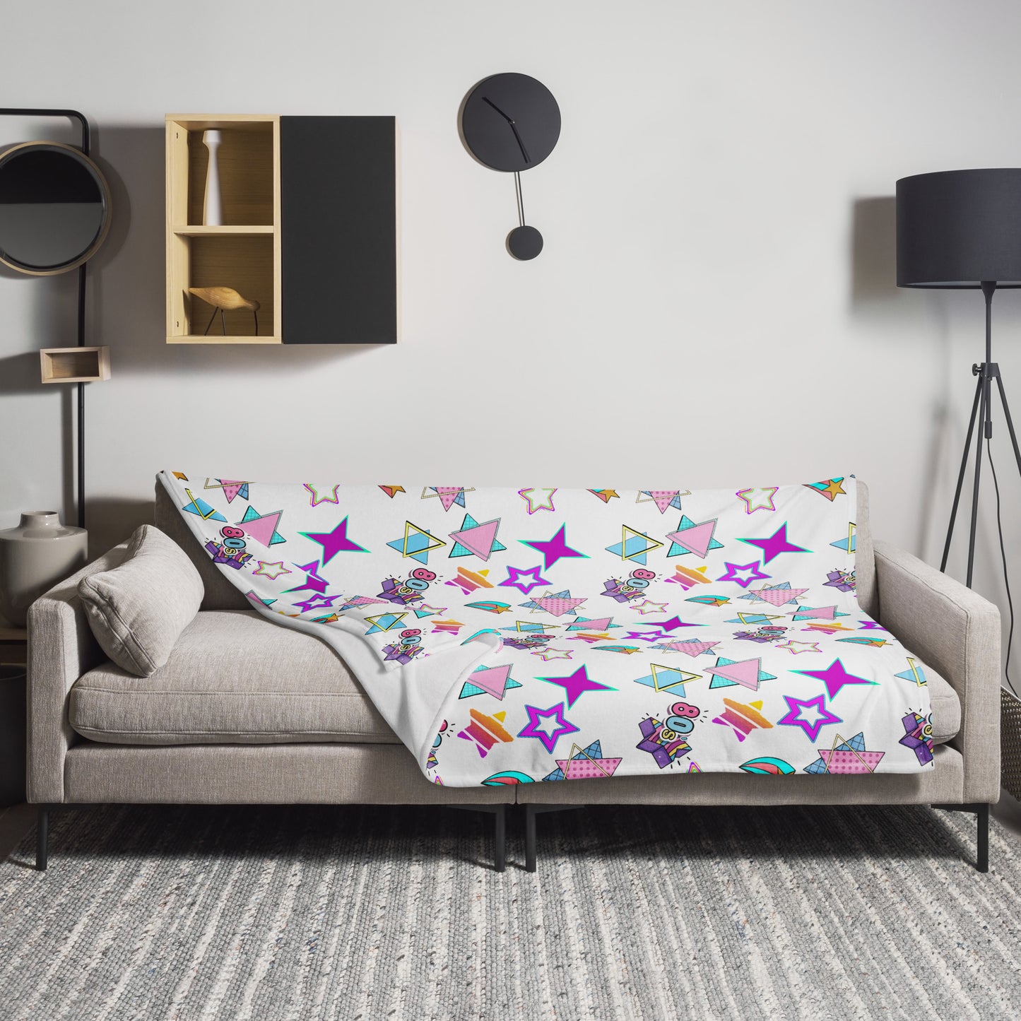 Hipyfi Retro Throw Blanket with 1980s geometric stars and Memphis design in vibrant neon colors 60x80-lifestyle-4