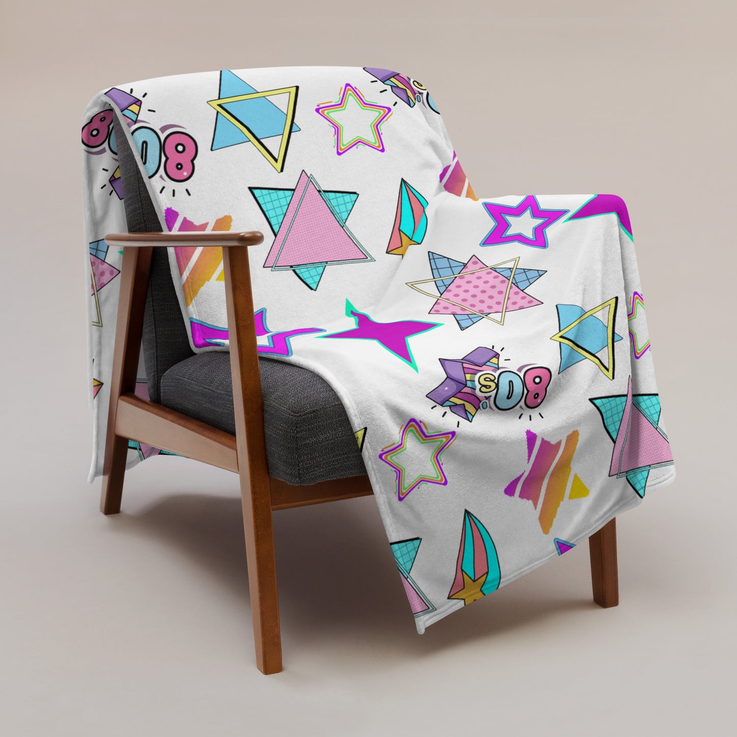Hipyfi Retro Throw Blanket with 1980s geometric stars and Memphis design in vibrant neon colors 60x80-lifestyle-3