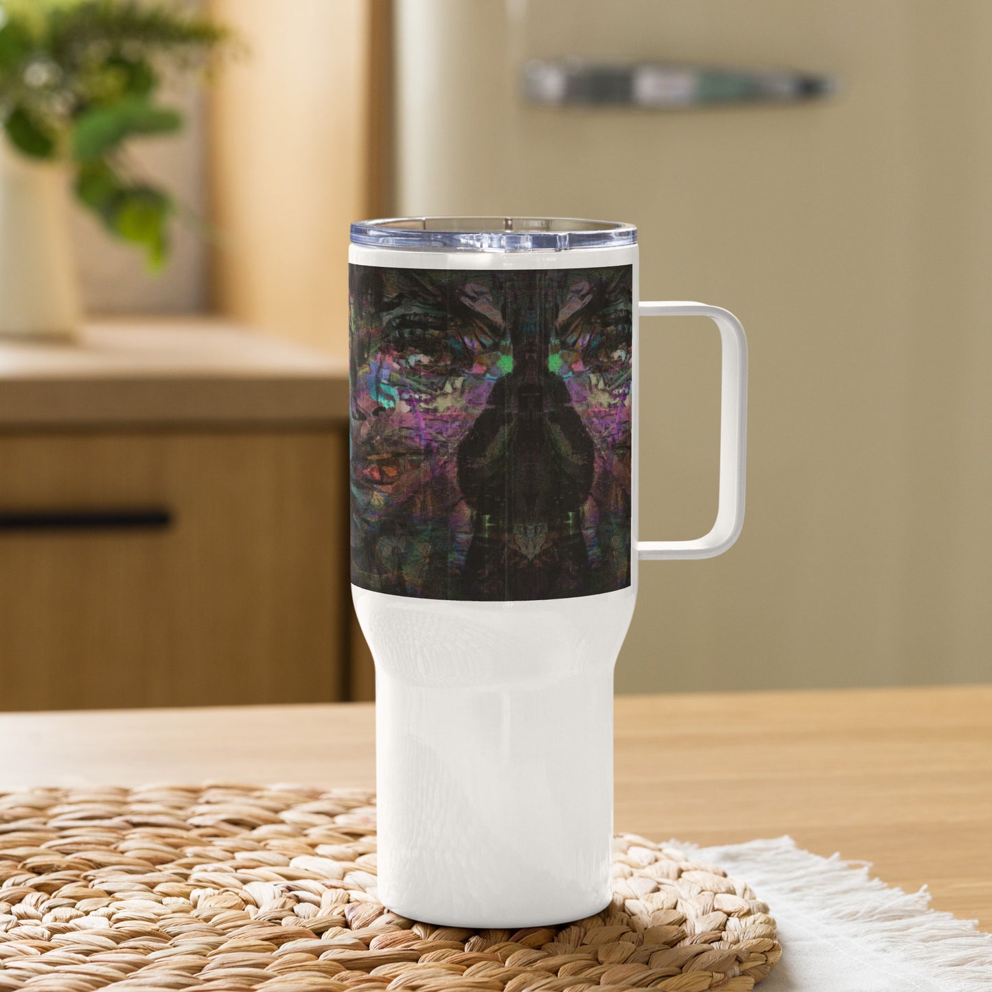 Abstract face design thermal travel mug with vibrant purple, blue, and orange brushstrokes, ergonomic handle, by Hipyfi Clothes & Design. 25-oz-left