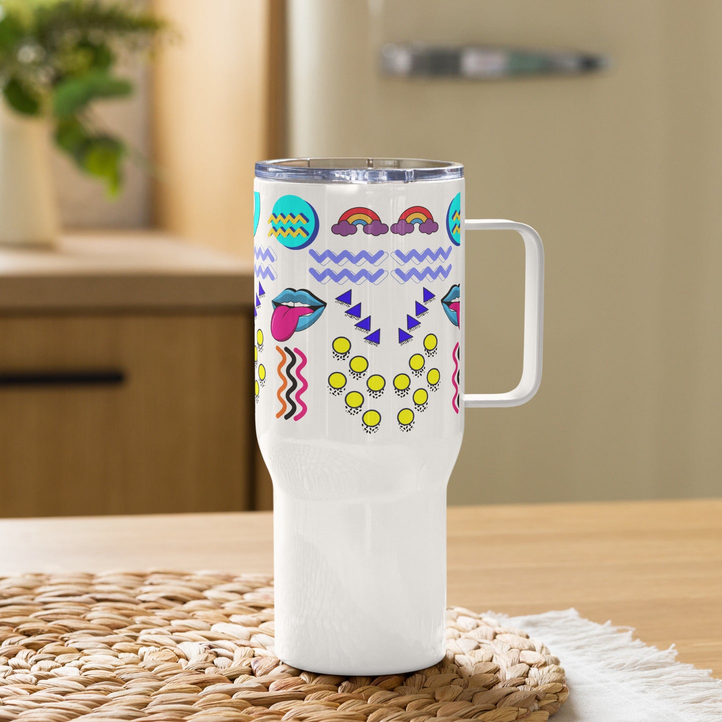 Retro 80s neon pop art travel mug with handle – insulated stainless steel drinkware by Hipyfi 25-oz-left