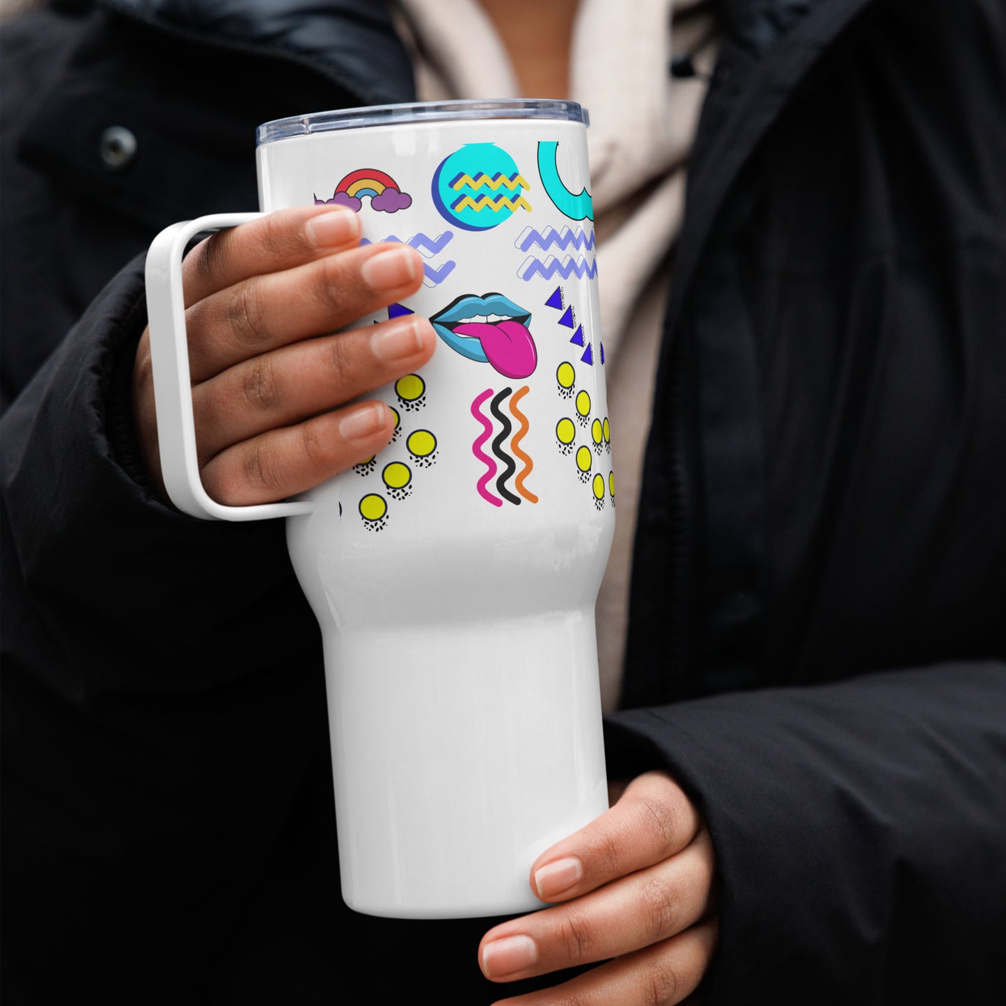 Retro 80s neon pop art travel mug with handle – insulated stainless steel drinkware by Hipyfi 25-oz-right-3