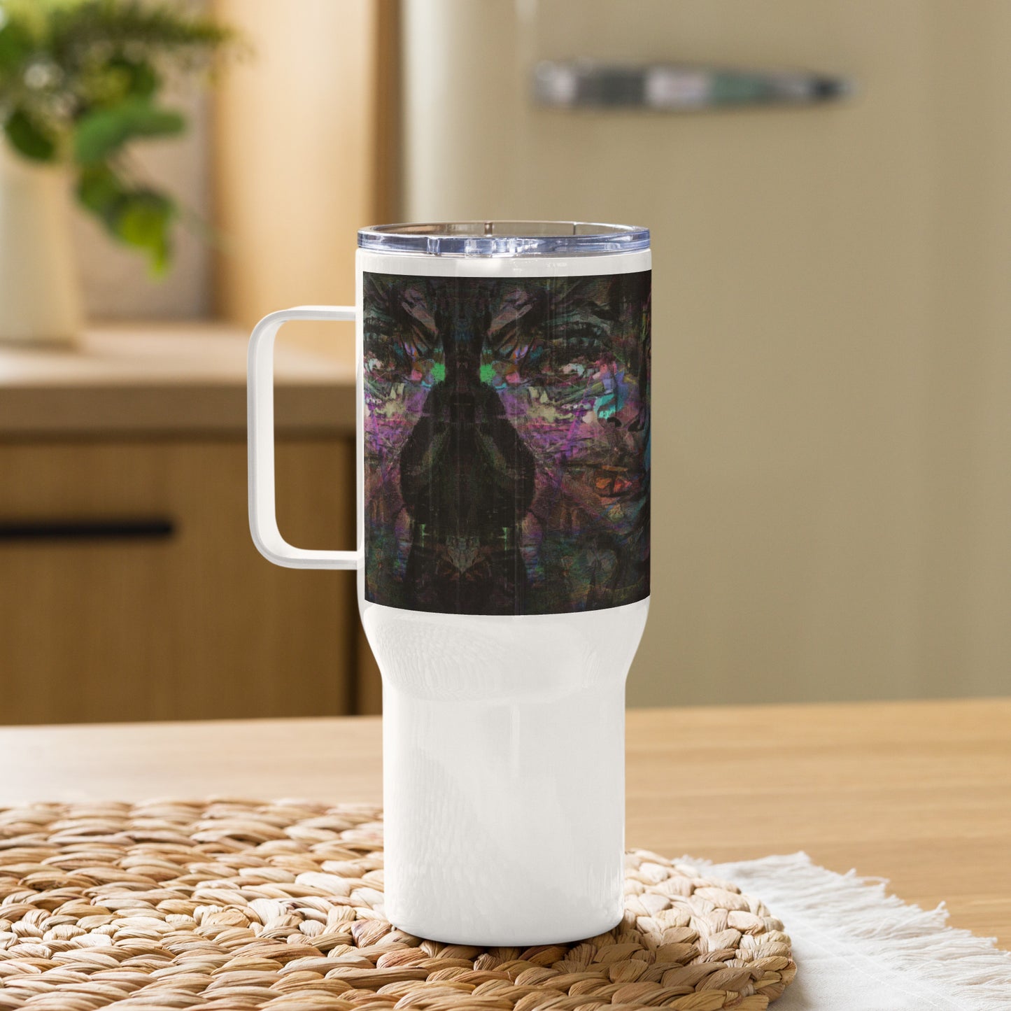 Abstract face design thermal travel mug with vibrant purple, blue, and orange brushstrokes, ergonomic handle, by Hipyfi Clothes & Design. 25-oz-right