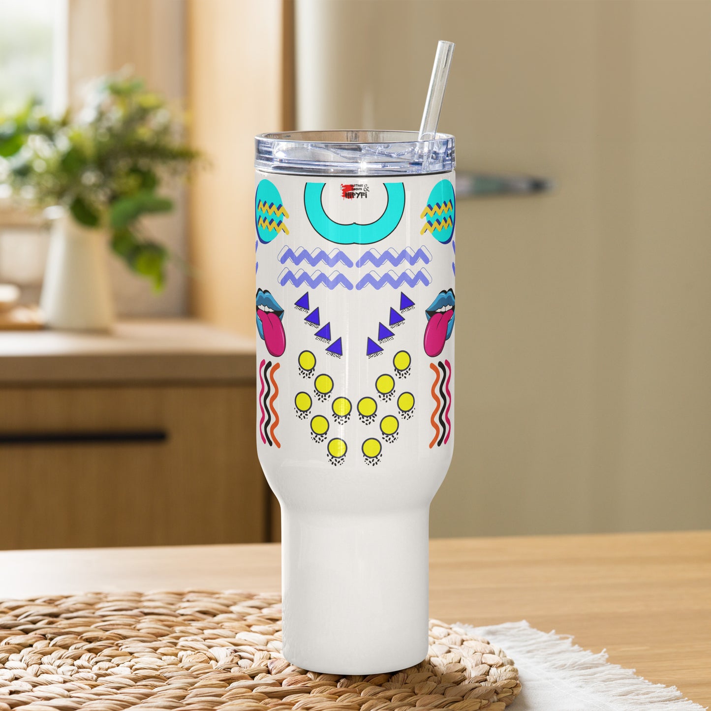 Retro 80s neon pop art travel mug with handle – insulated stainless steel drinkware by Hipyfi 40-oz-front