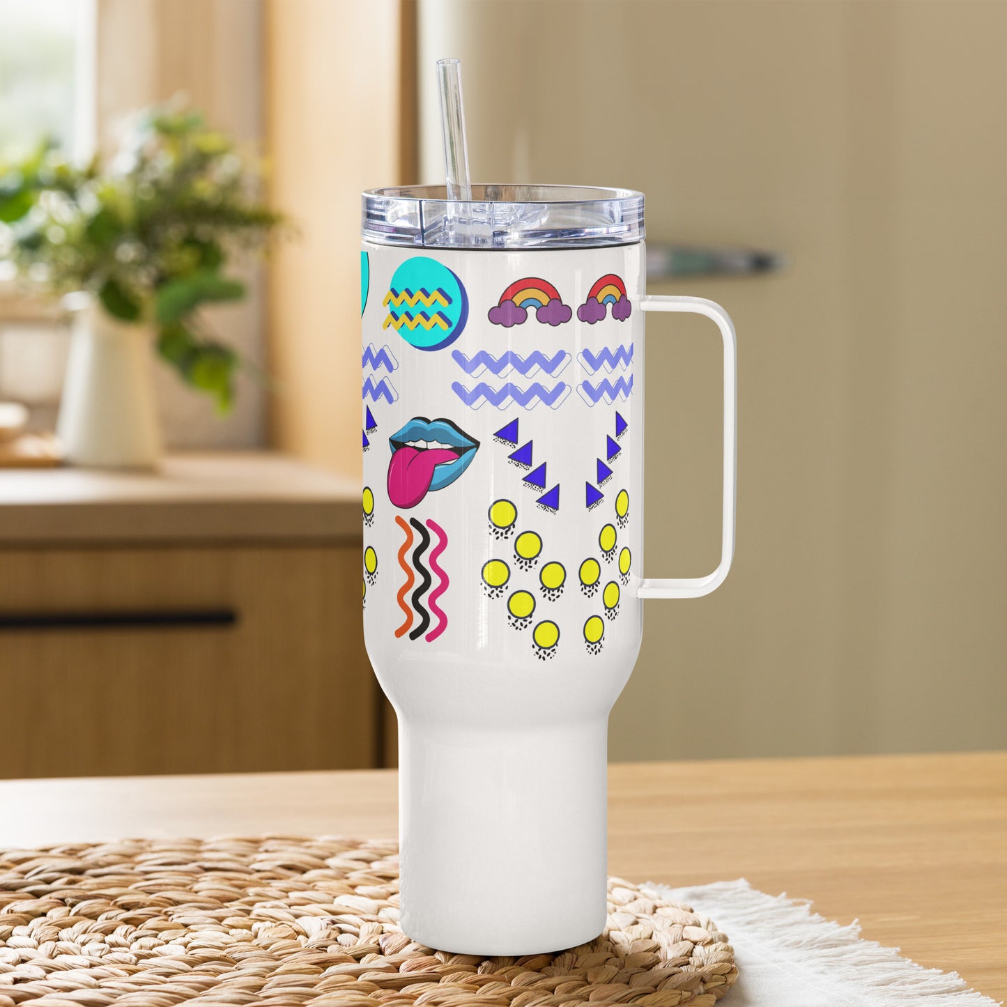 Retro 80s neon pop art travel mug with handle – insulated stainless steel drinkware by Hipyfi 40-oz-left