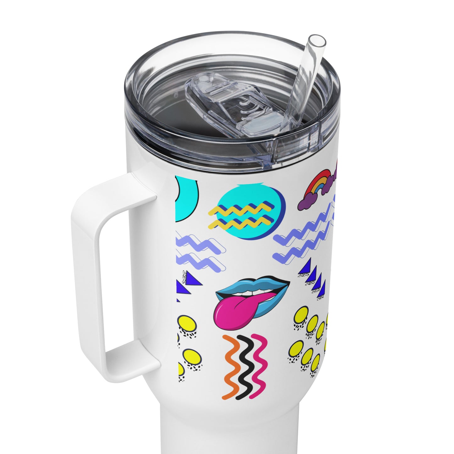 Retro 80s neon pop art travel mug with handle – insulated stainless steel drinkware by Hipyfi 40-oz-product-details