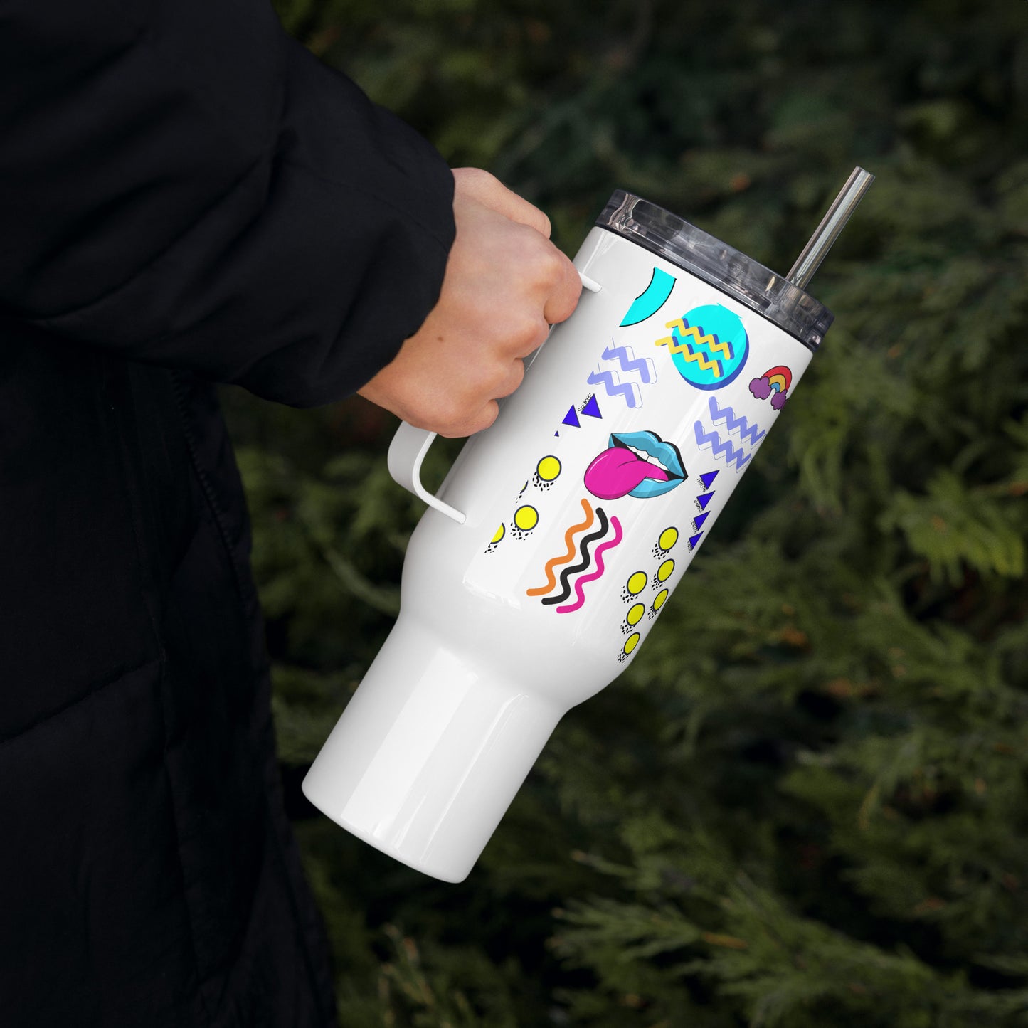 Retro 80s neon pop art travel mug with handle – insulated stainless steel drinkware by Hipyfi 40-oz-right-3