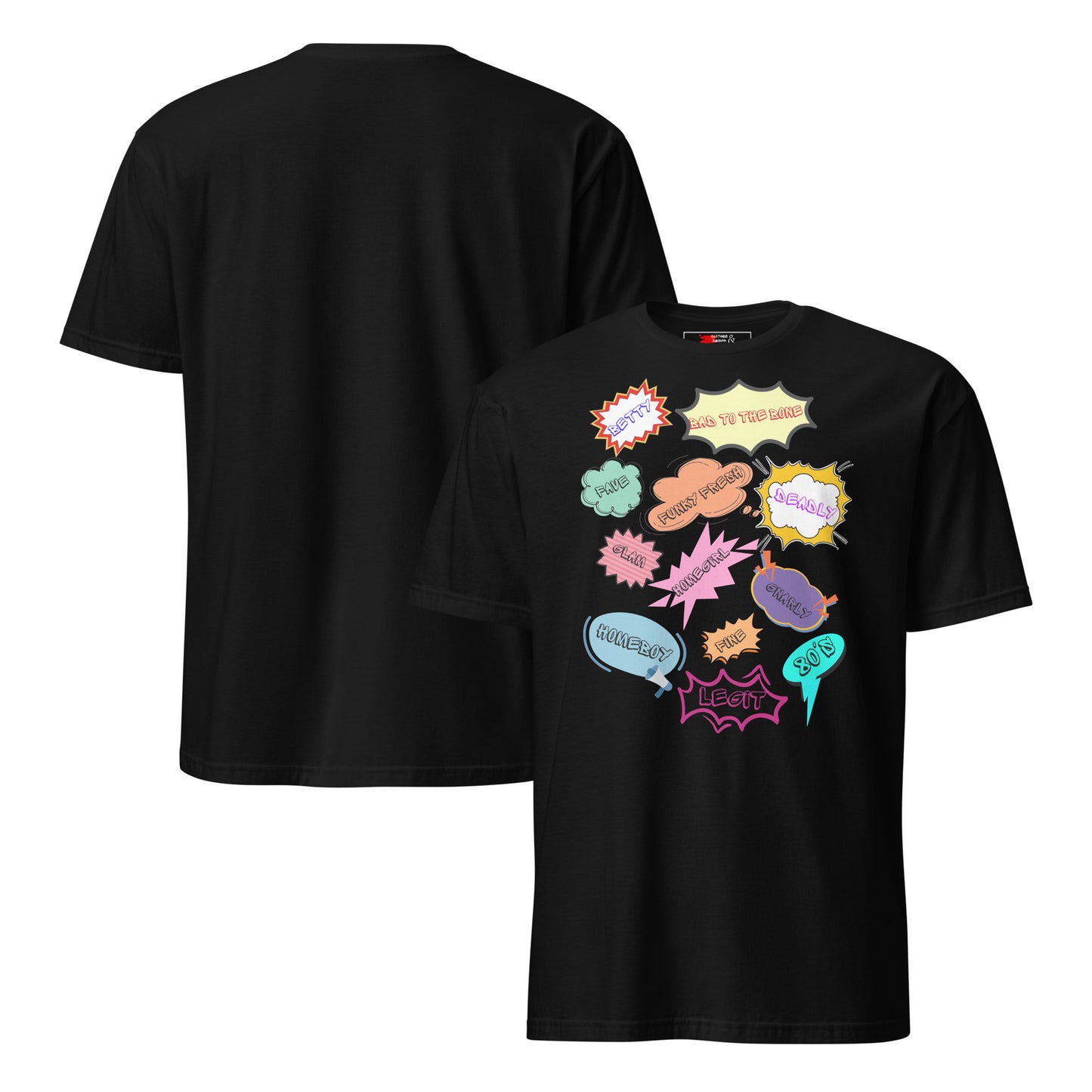 Unisex 80s Vintage Comic T-Shirt with Retro Pop Art Speech Bubbles – Hipyfi Graphic Tee. black-front-and-back