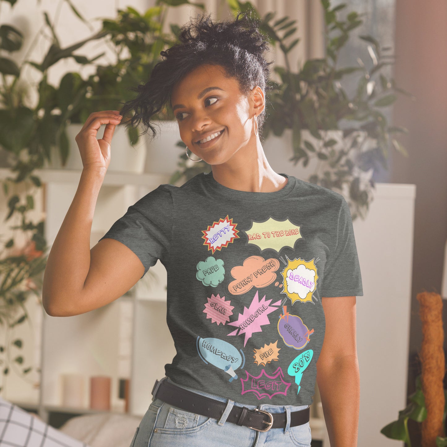 Unisex 80s Vintage Comic T-Shirt with Retro Pop Art Speech Bubbles – Hipyfi Graphic Tee. dark-heather-front