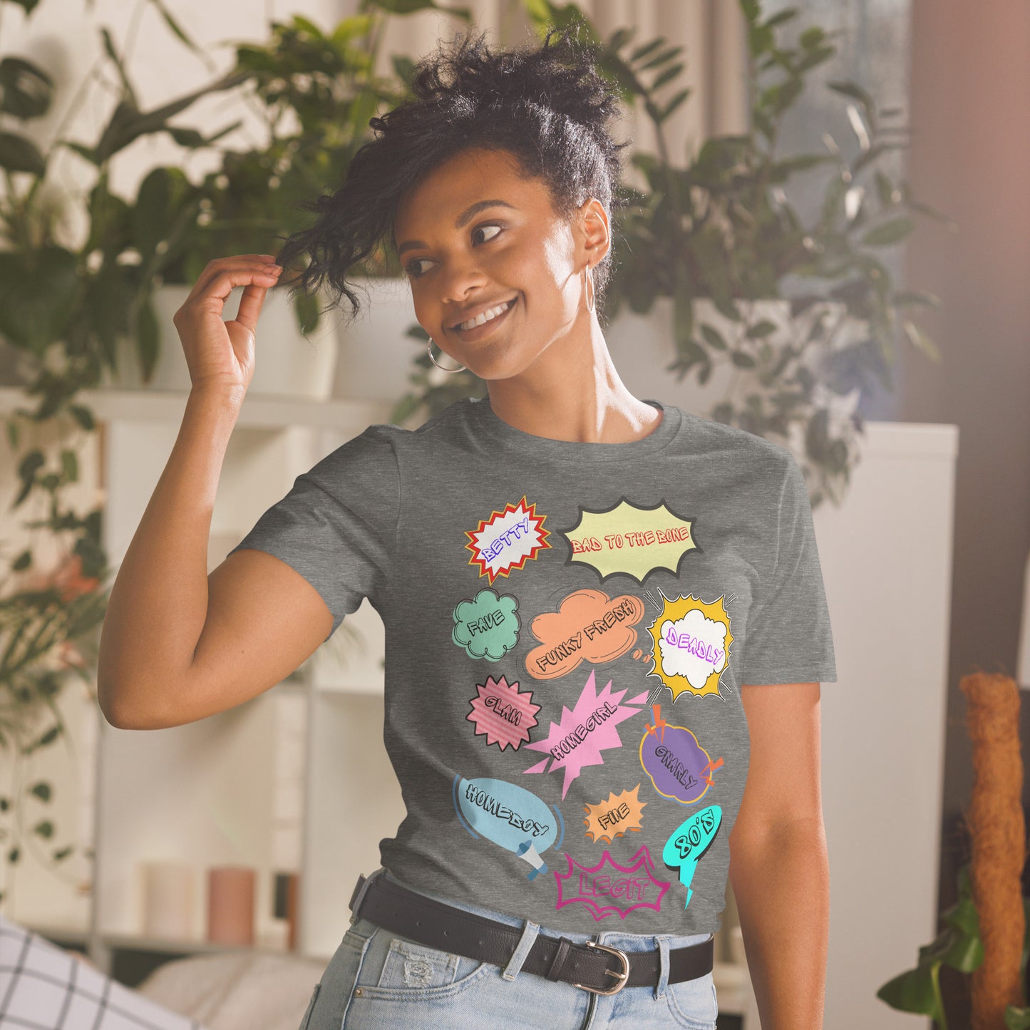 Unisex 80s Vintage Comic T-Shirt with Retro Pop Art Speech Bubbles – Hipyfi Graphic Tee. graphite-heather-front