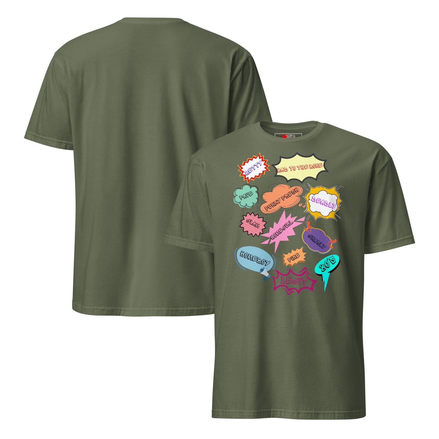 Unisex 80s Vintage Comic T-Shirt with Retro Pop Art Speech Bubbles – Hipyfi Graphic Tee. military-green-front-and-back