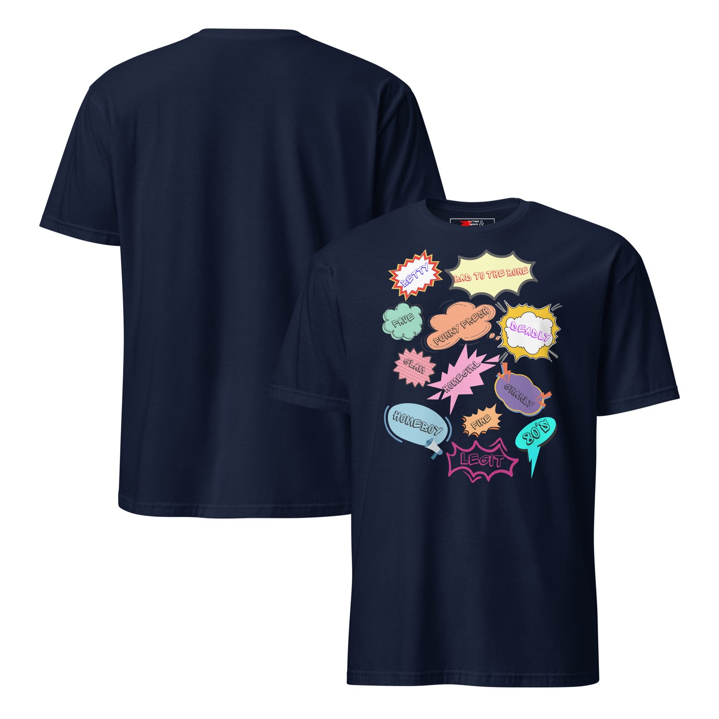 Unisex 80s Vintage Comic T-Shirt with Retro Pop Art Speech Bubbles – Hipyfi Graphic Tee. navy-front-and-back