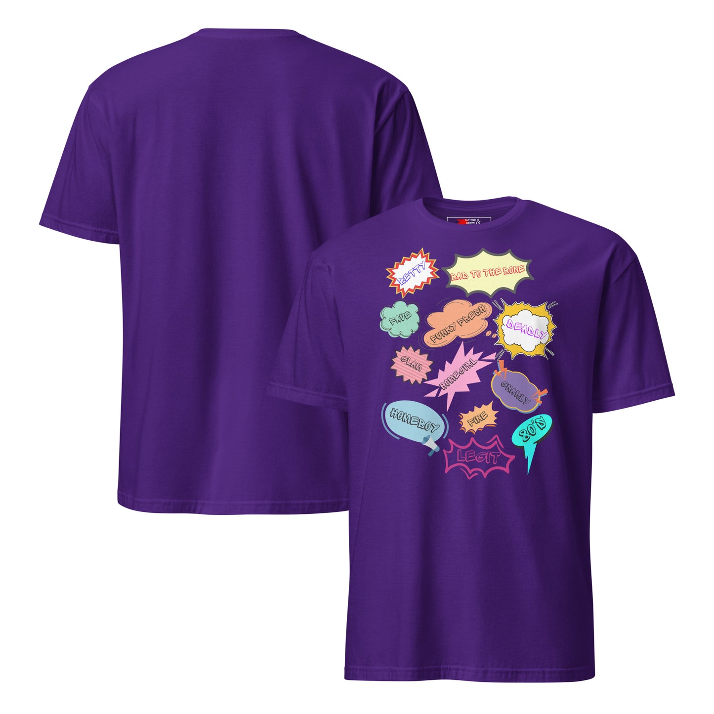 Unisex 80s Vintage Comic T-Shirt with Retro Pop Art Speech Bubbles – Hipyfi Graphic Tee. purple-front-and-back