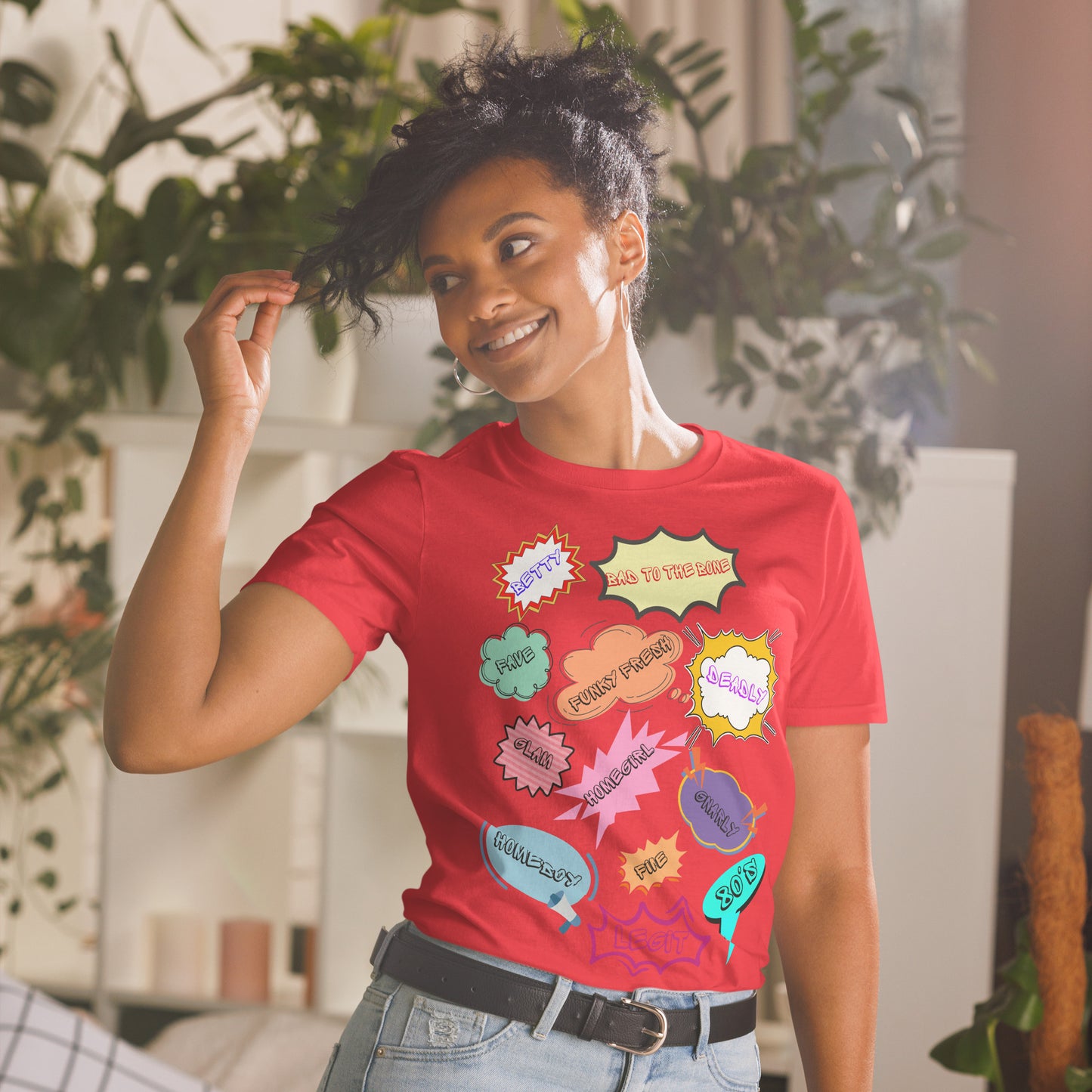 Unisex 80s Vintage Comic T-Shirt with Retro Pop Art Speech Bubbles – Hipyfi Graphic Tee. red-front