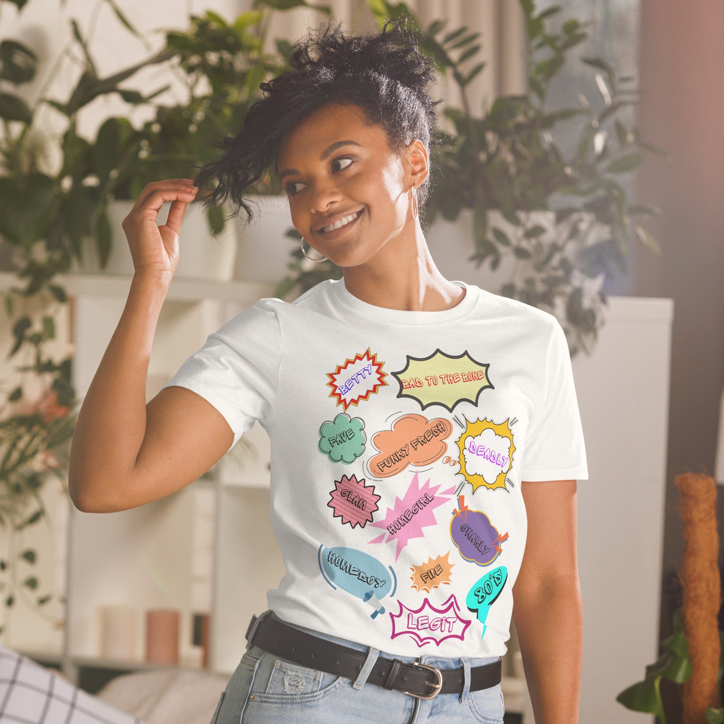 Unisex 80s Vintage Comic T-Shirt with Retro Pop Art Speech Bubbles – Hipyfi Graphic Tee. white-front