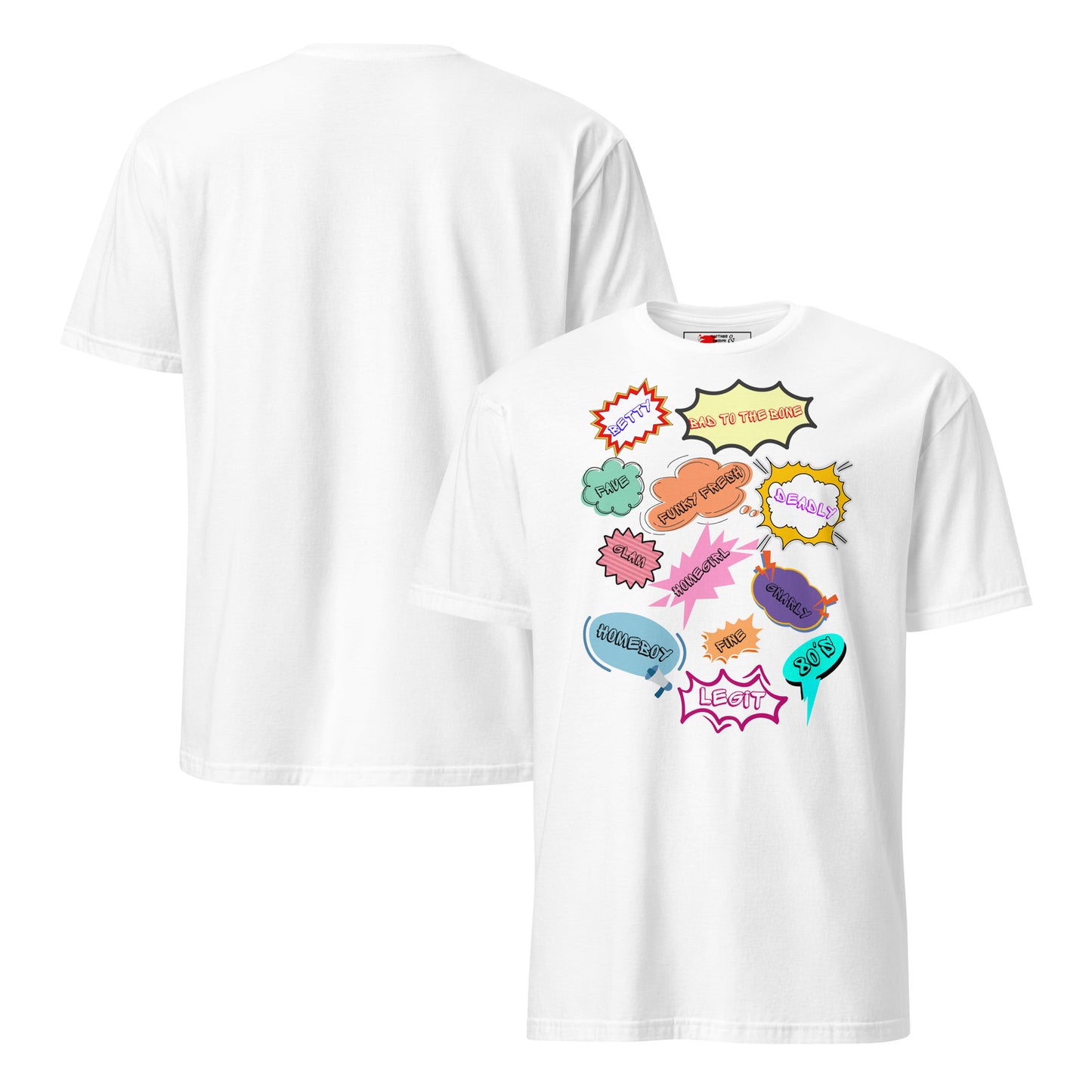 Unisex 80s Vintage Comic T-Shirt with Retro Pop Art Speech Bubbles – Hipyfi Graphic Tee. white-front-and-back