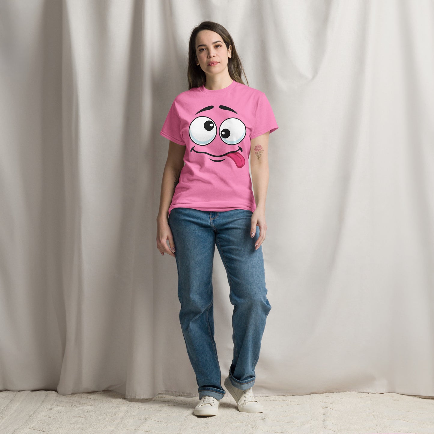 Hipyfi Playful Whimsical Cartoon Face Unisex T-Shirt – Fun Graphic Tee for Streetwear.azalea-front-3
