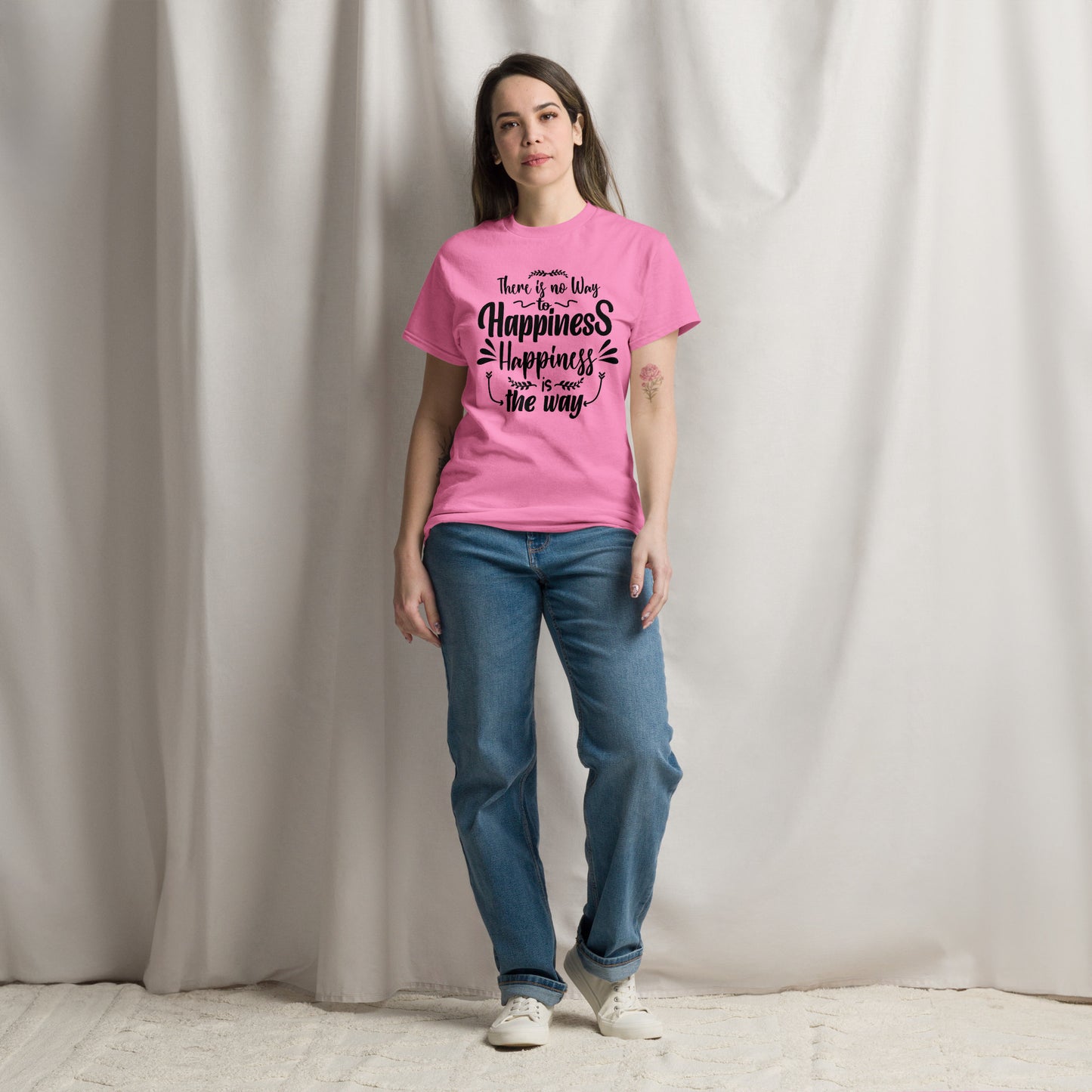 Unisex graphic t-shirt with inspirational quote – Happiness Way Tee by Hipyfi Clothes & Design. azalea-front-3