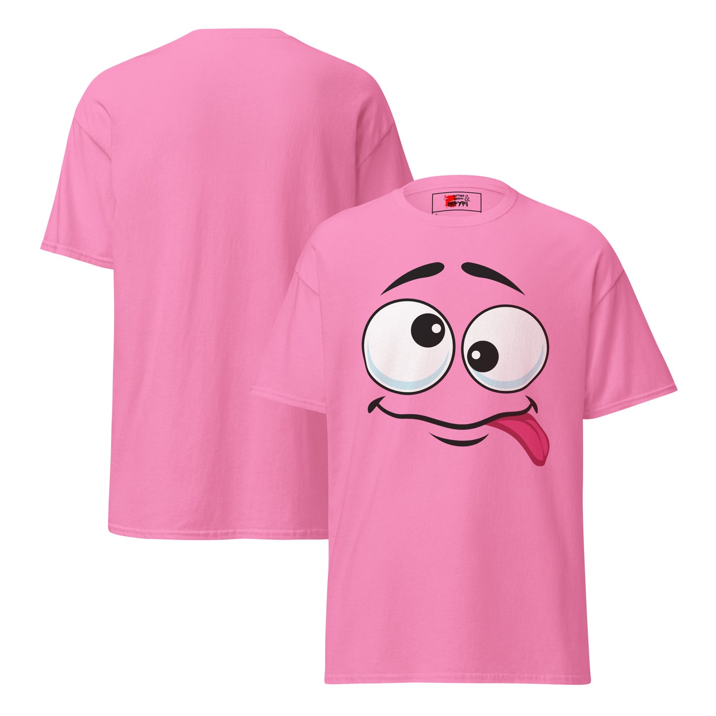 Hipyfi Playful Whimsical Cartoon Face Unisex T-Shirt – Fun Graphic Tee for Streetwear. azalea-front-and-back