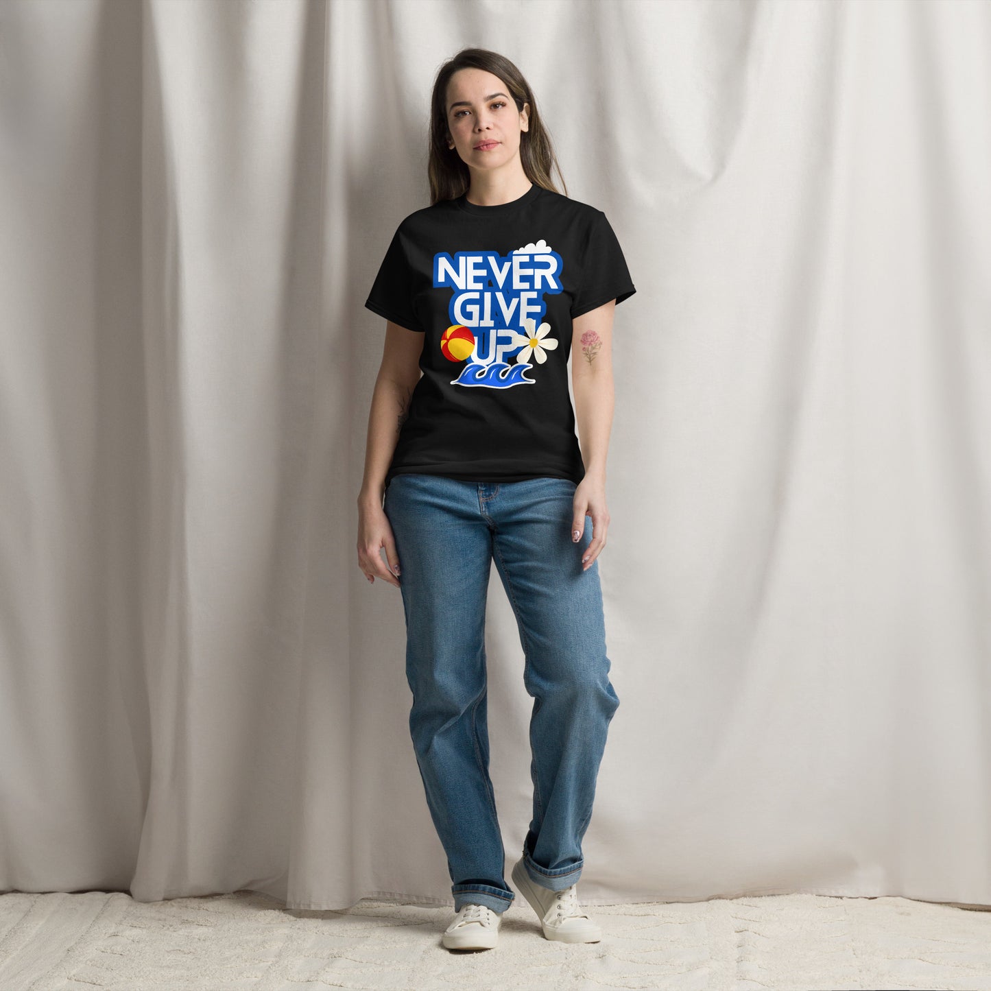 Unisex motivational t-shirt with 'Never Give Up' graphic by Hipyfi Clothes & Design – inspirational summer streetwear tee. black-front-2