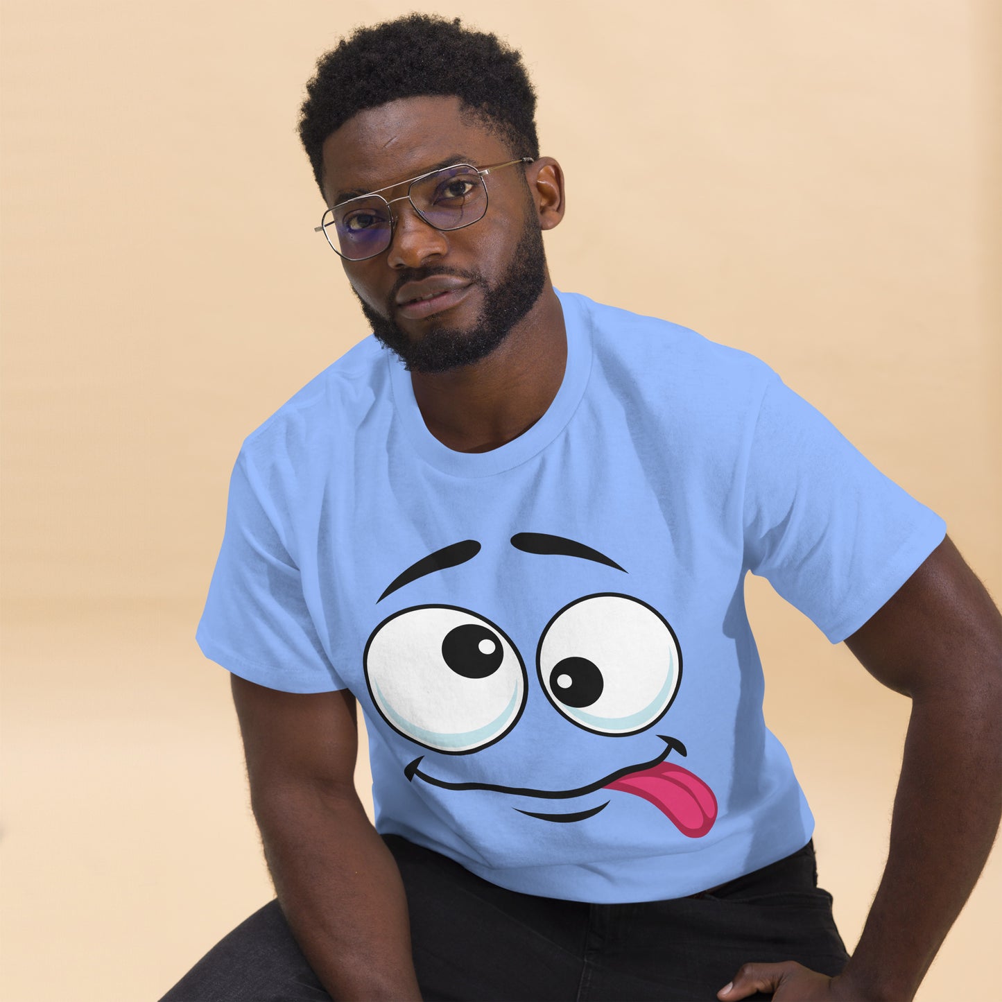 Hipyfi Playful Whimsical Cartoon Face Unisex T-Shirt – Fun Graphic Tee for Streetwear. carolina-blue-front-2