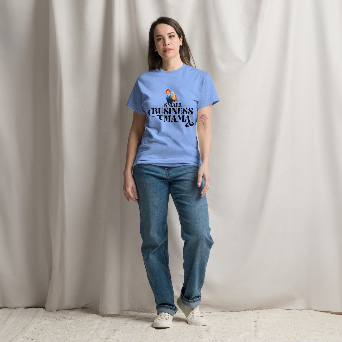 Unisex Small Business Mama Graphic T-Shirt featuring retro Rosie the Riveter design – Empowering shirt for women entrepreneurs by Hipyfi Clothes & Design. carolina-blue-front