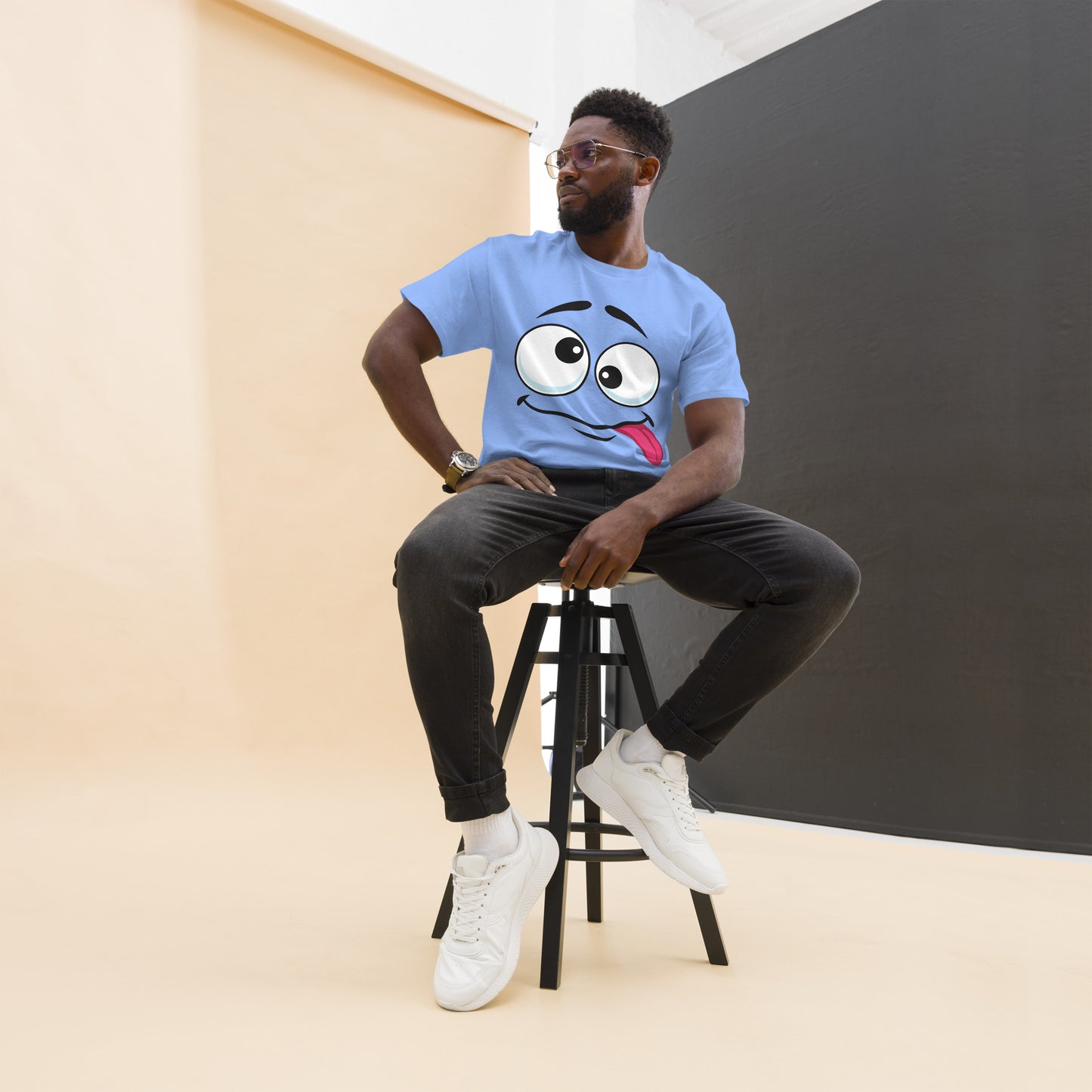 Hipyfi Playful Whimsical Cartoon Face Unisex T-Shirt – Fun Graphic Tee for Streetwear. carolina-blue-front