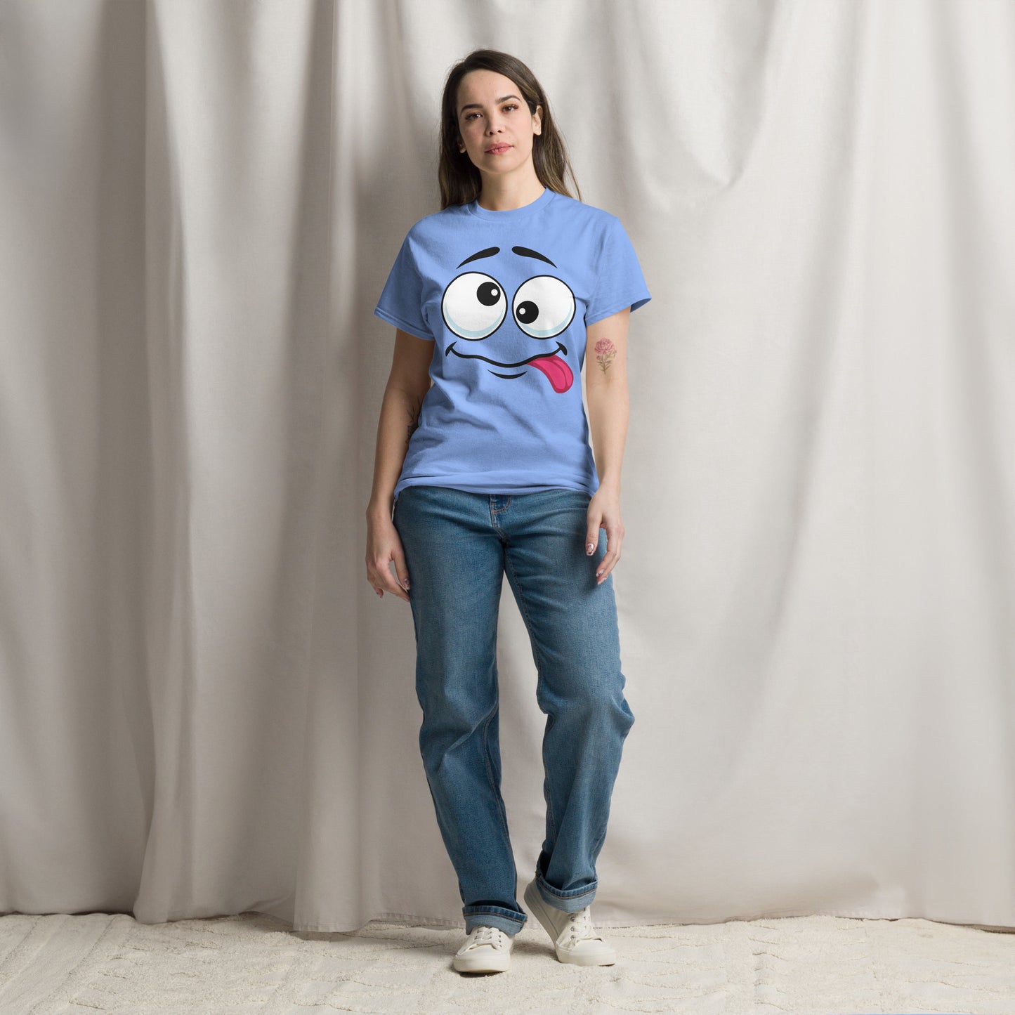 Hipyfi Playful Whimsical Cartoon Face Unisex T-Shirt – Fun Graphic Tee for Streetwear. carolina-blue-front-3