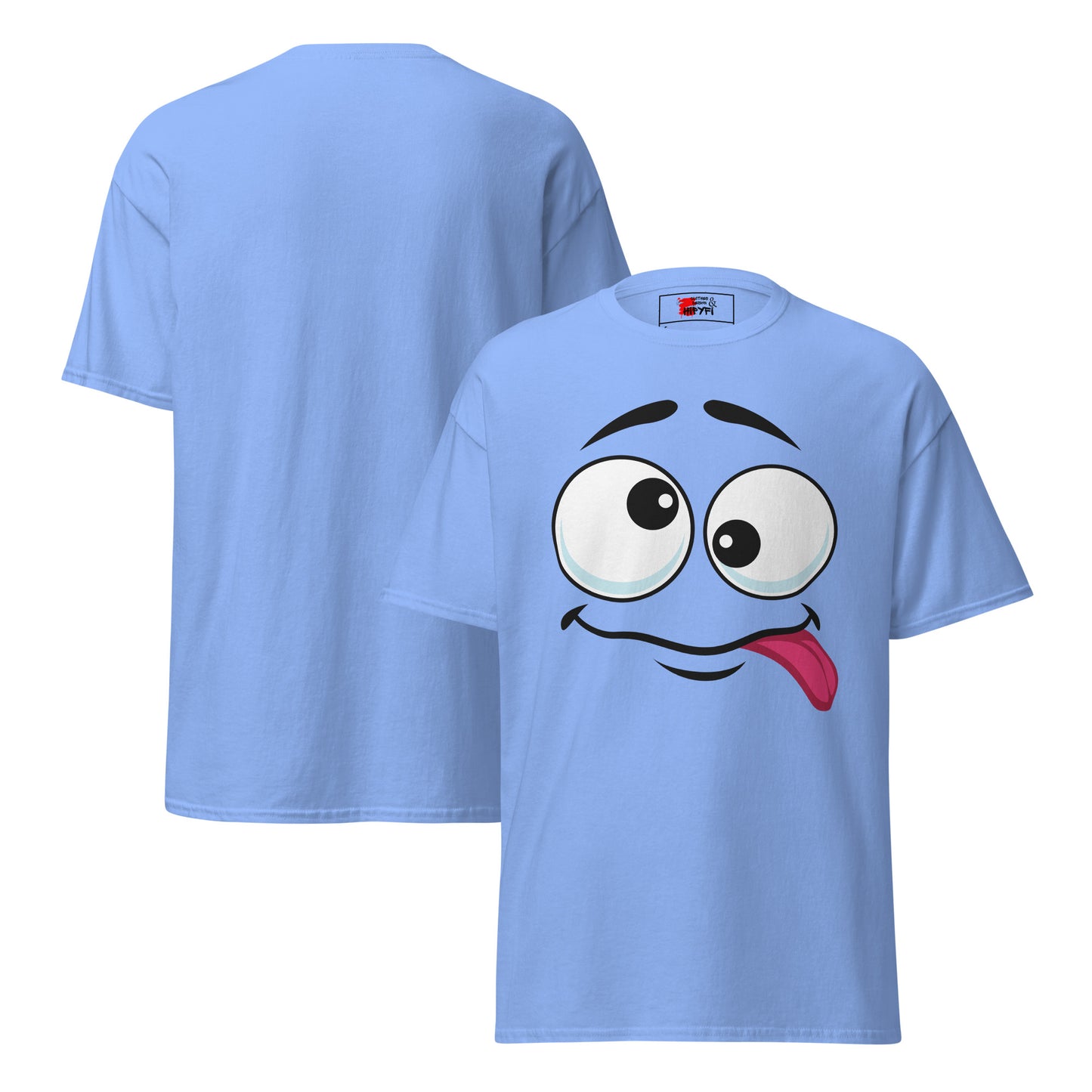 Hipyfi Playful Whimsical Cartoon Face Unisex T-Shirt – Fun Graphic Tee for Streetwear. carolina-blue-front-and-back