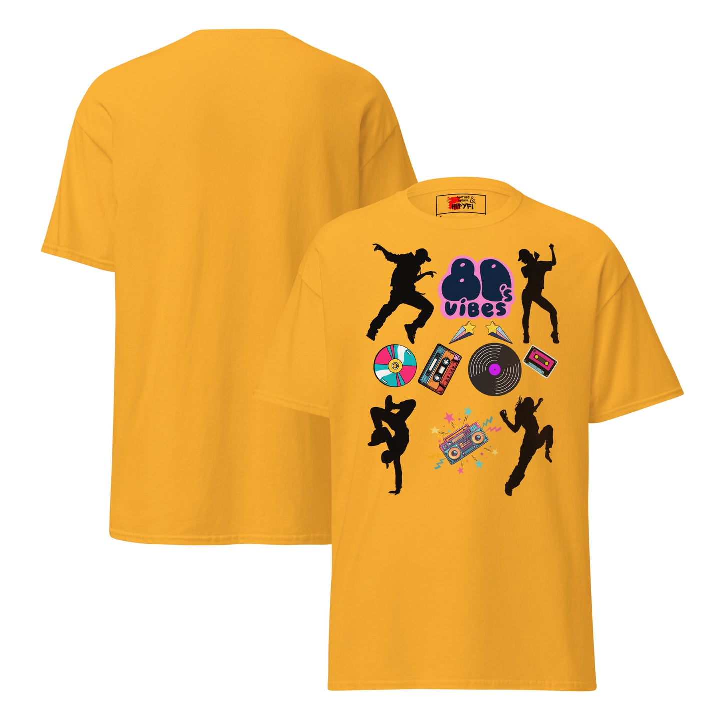 Unisex 80s Vibes graphic t-shirt with retro pop culture design by Hipyfi Clothes & Design gold-front-and-back