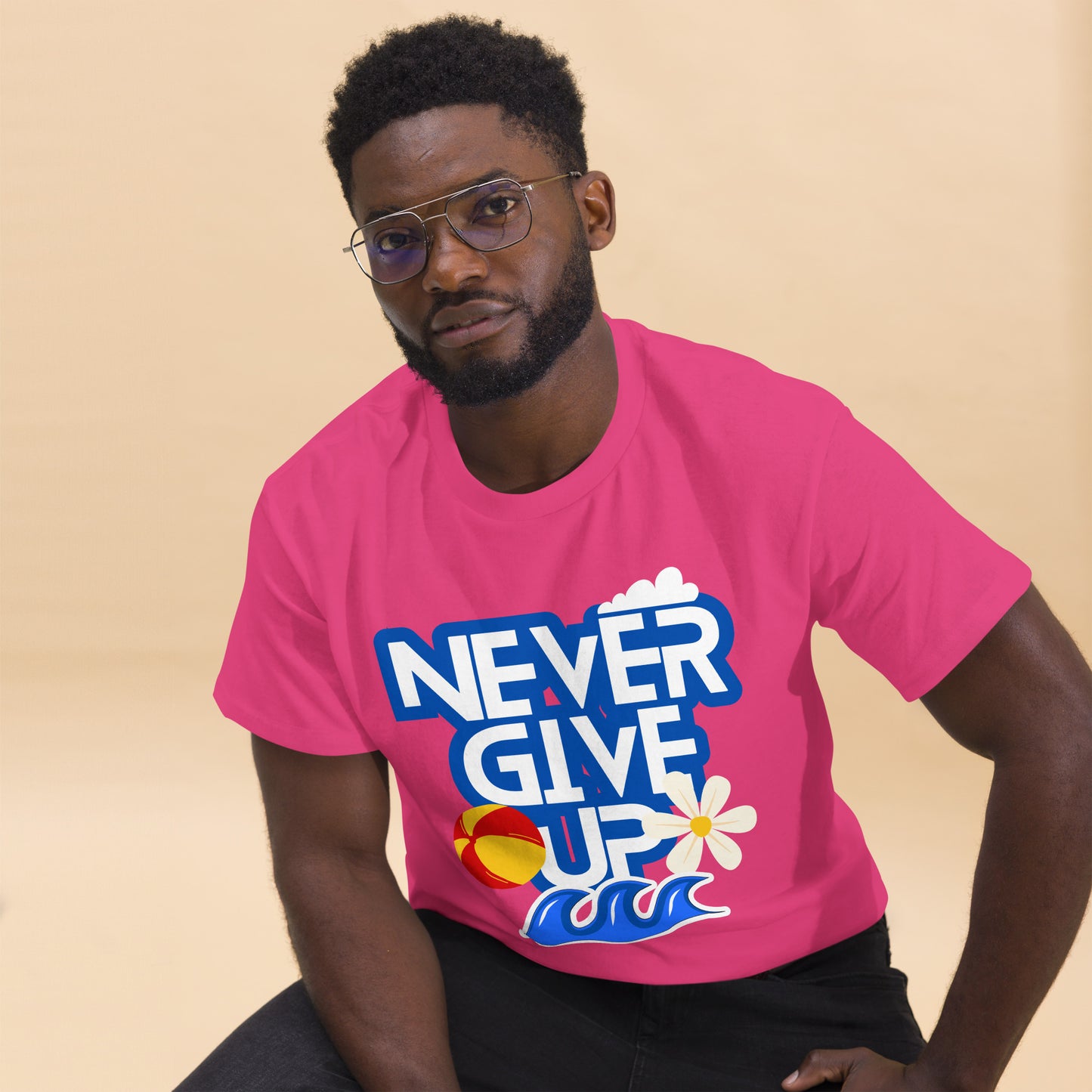 Unisex motivational t-shirt with 'Never Give Up' graphic by Hipyfi Clothes & Design – inspirational summer streetwear tee. heliconia-front