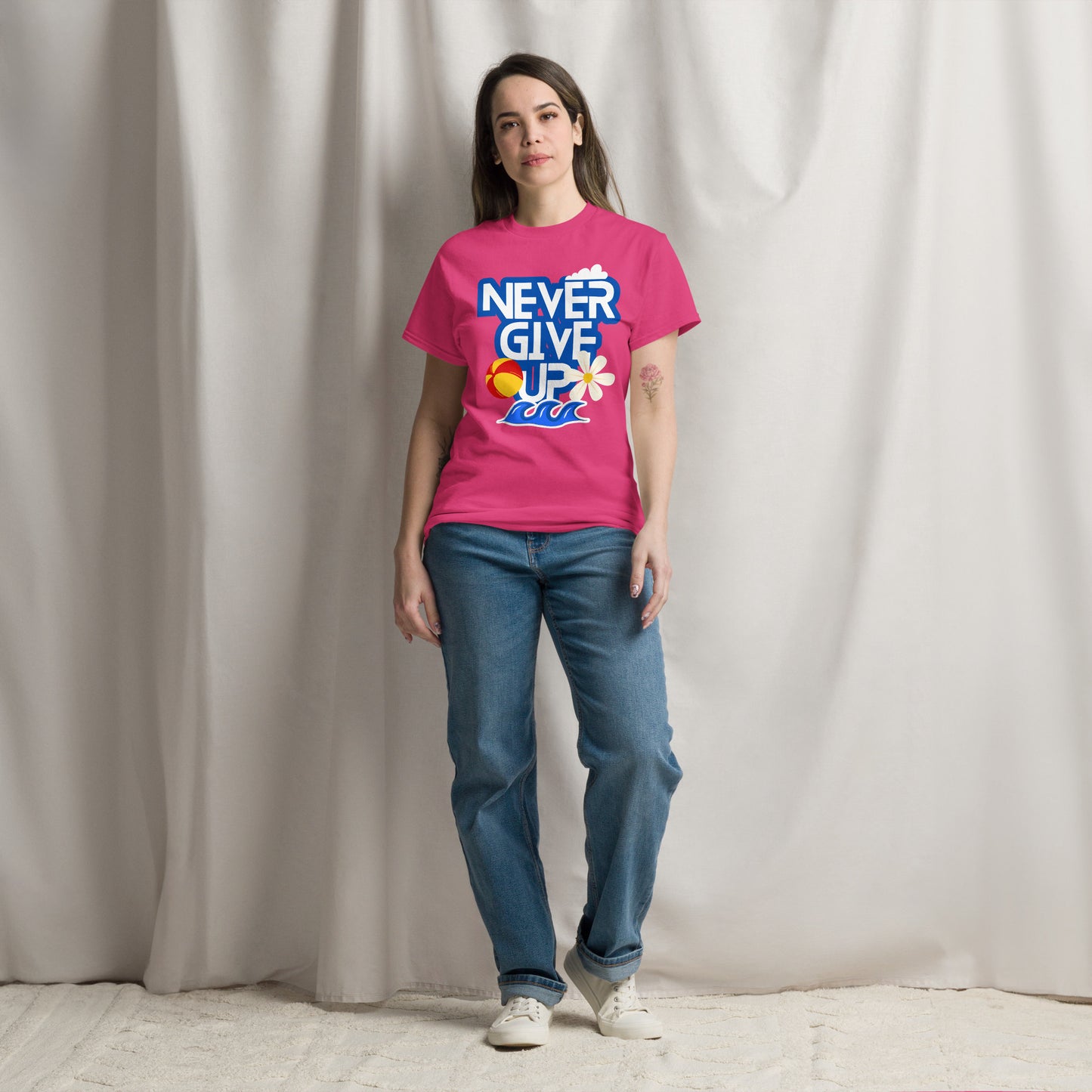 Unisex motivational t-shirt with 'Never Give Up' graphic by Hipyfi Clothes & Design – inspirational summer streetwear tee. heliconia-front-2