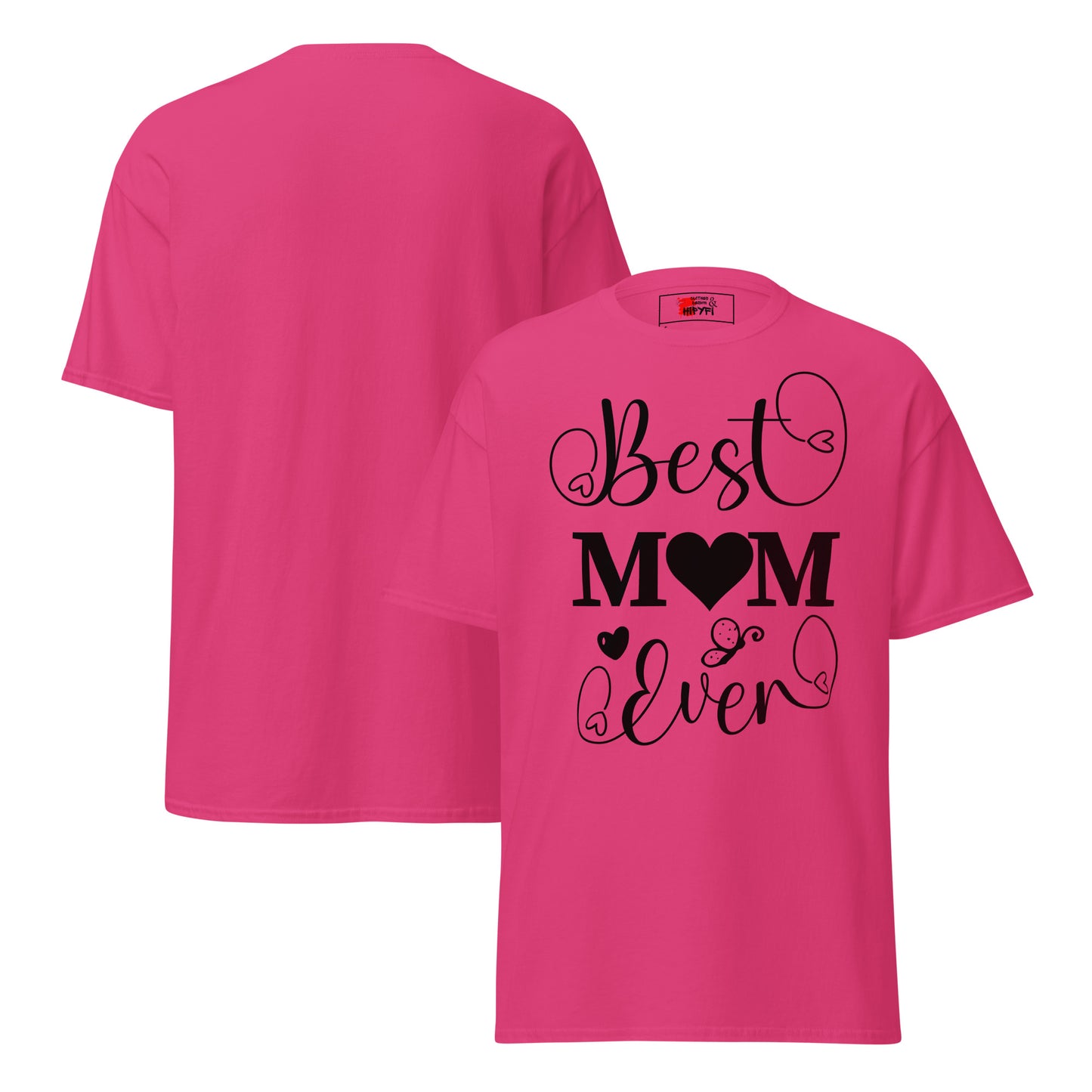 Best Mom Ever unisex graphic t-shirt in classic fit by Hipyfi Clothes & Design – perfect Mother’s Day gift in white with heart and butterfly typography. heliconia-front-and-back