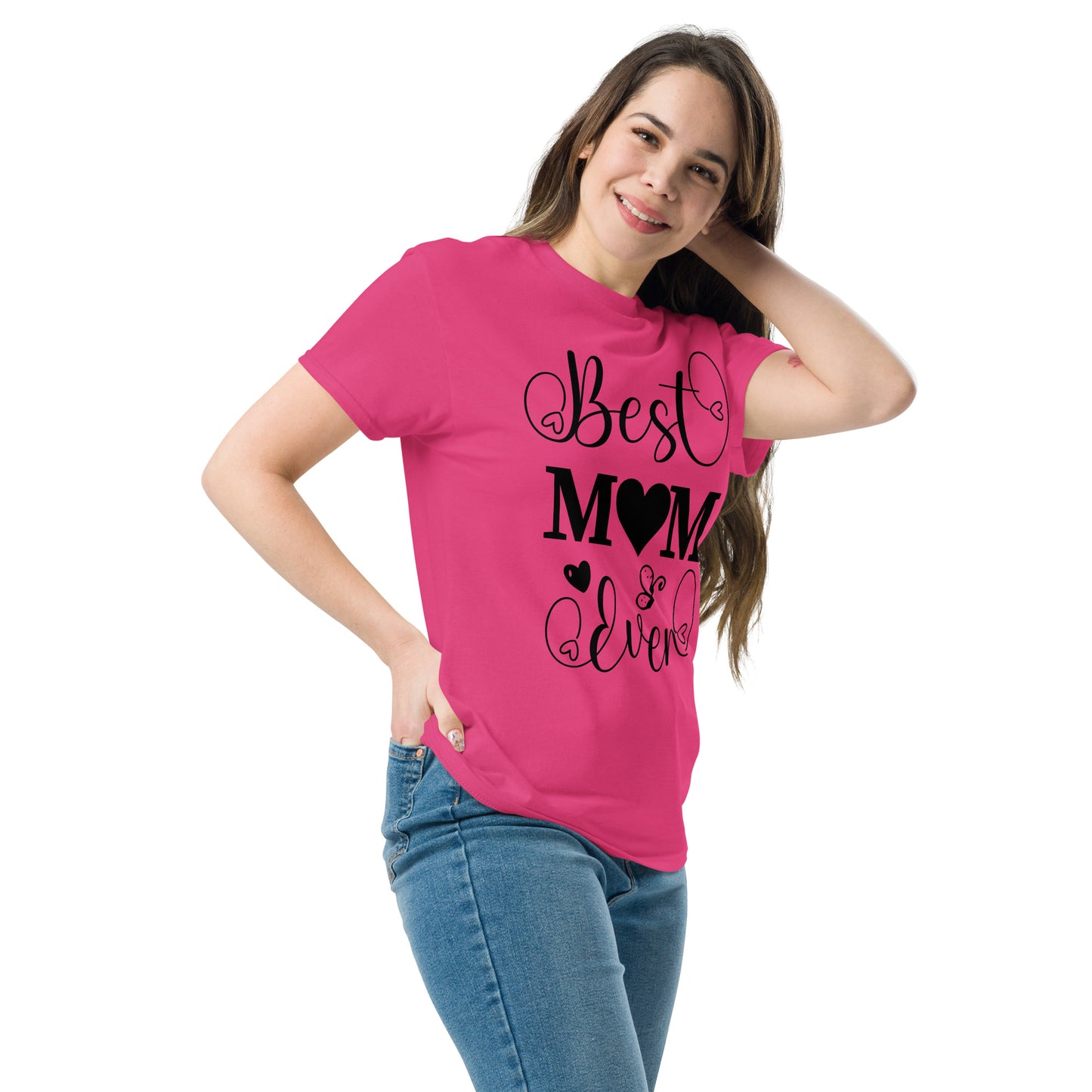 Best Mom Ever unisex graphic t-shirt in classic fit by Hipyfi Clothes & Design – perfect Mother’s Day gift in white with heart and butterfly typography. heliconia-left-front