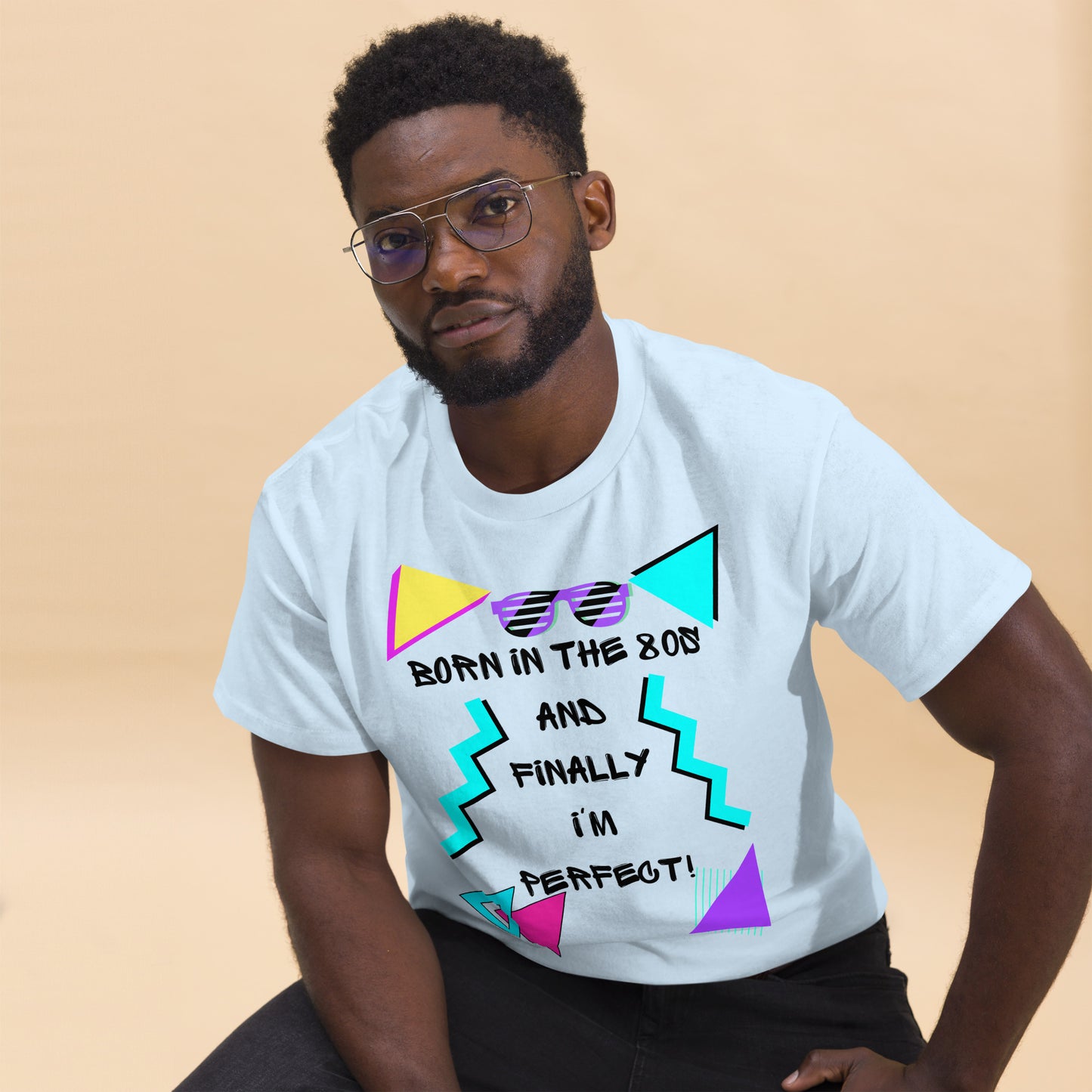 Born in the 80s retro graphic tee with neon 80s design – unisex vintage t-shirt by Hipyfi Clothes & Design. light-blue-front-2