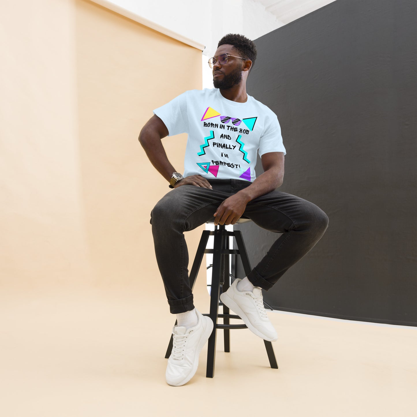 Born in the 80s retro graphic tee with neon 80s design – unisex vintage t-shirt by Hipyfi Clothes & Design. light-blue-front