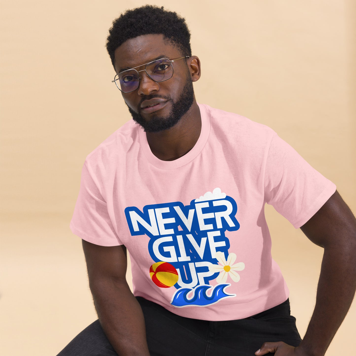Unisex motivational t-shirt with 'Never Give Up' graphic by Hipyfi Clothes & Design – inspirational summer streetwear tee. light-pink-front-3