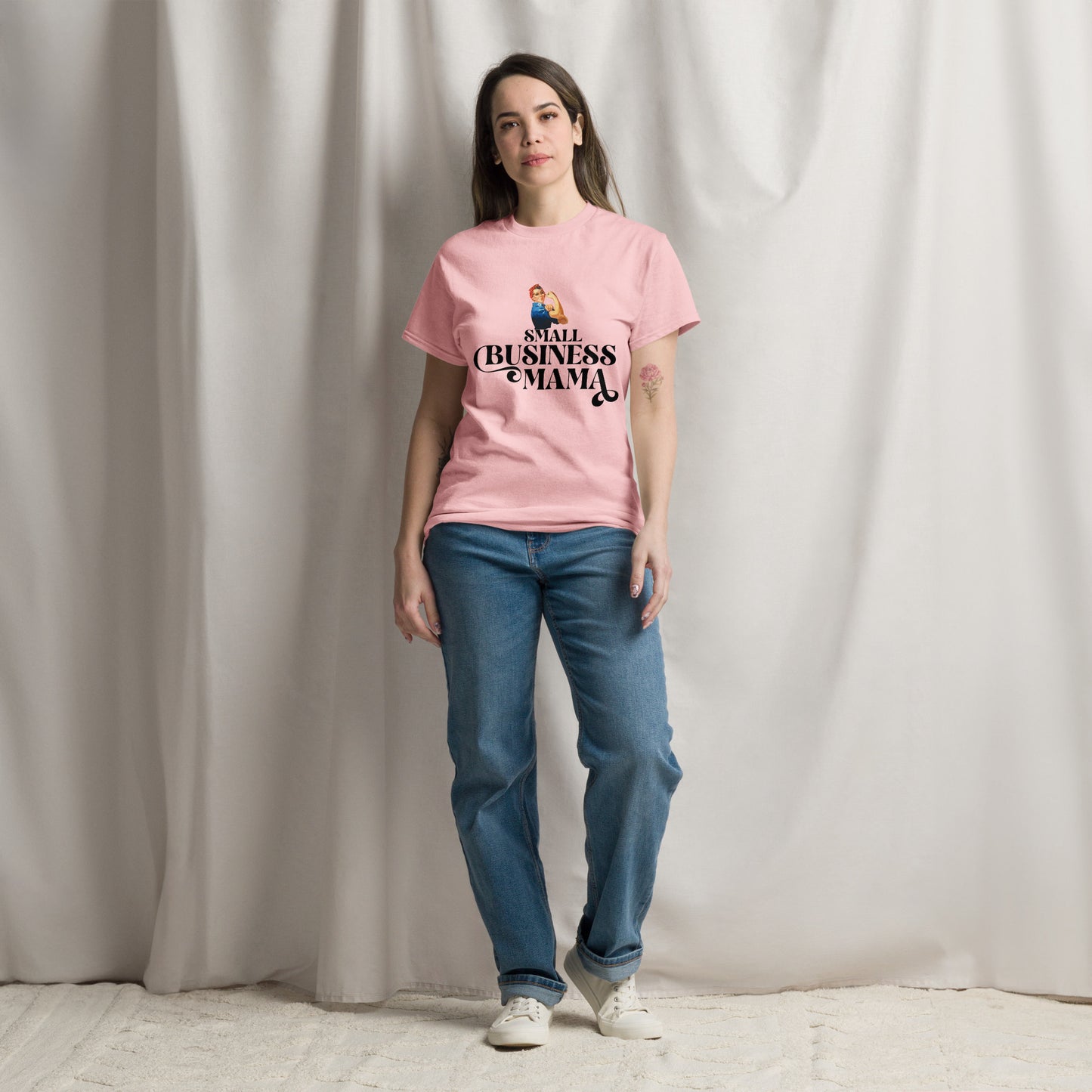 Unisex Small Business Mama Graphic T-Shirt featuring retro Rosie the Riveter design – Empowering shirt for women entrepreneurs by Hipyfi Clothes & Design. light-pink-front