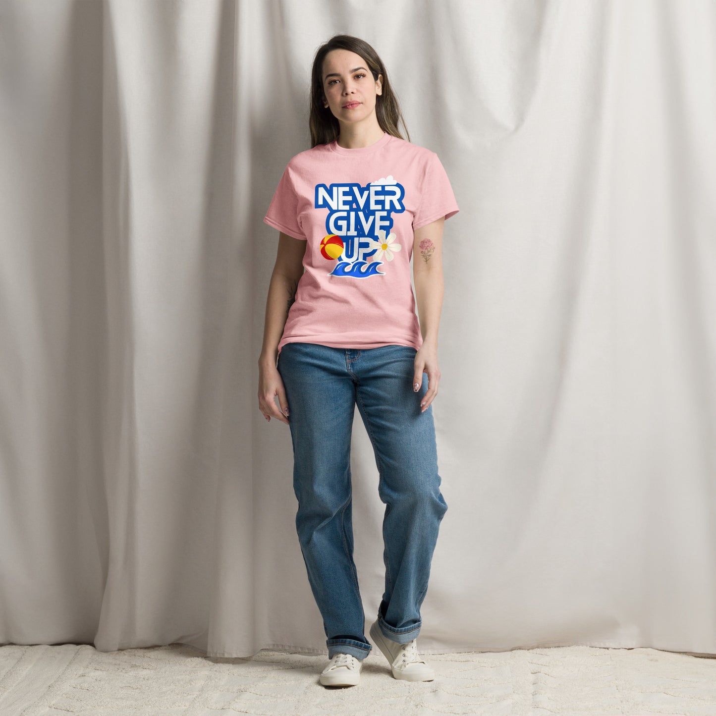 Unisex motivational t-shirt with 'Never Give Up' graphic by Hipyfi Clothes & Design – inspirational summer streetwear tee. light-pink-front
