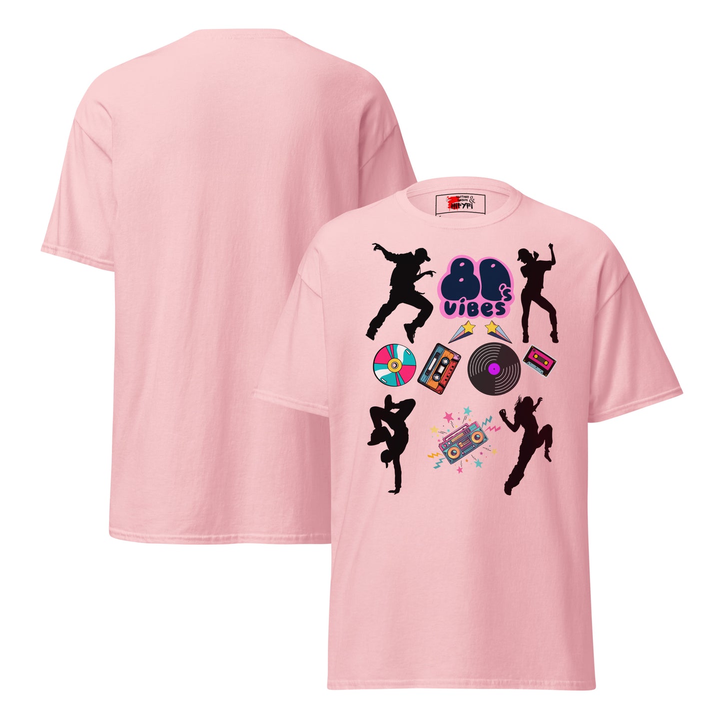 Unisex 80s Vibes graphic t-shirt with retro pop culture design by Hipyfi Clothes & Design light-pink-front-and-back