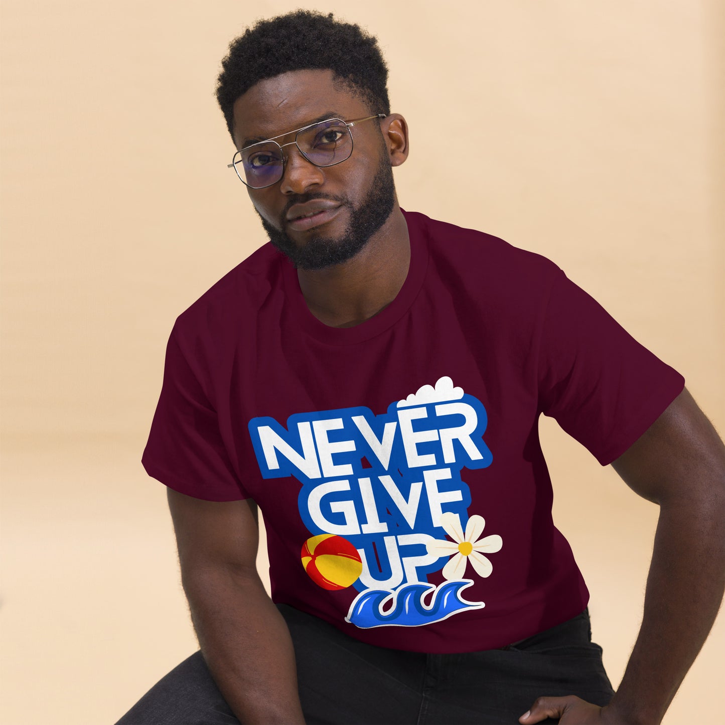 Unisex motivational t-shirt with 'Never Give Up' graphic by Hipyfi Clothes & Design – inspirational summer streetwear tee. maroon-front