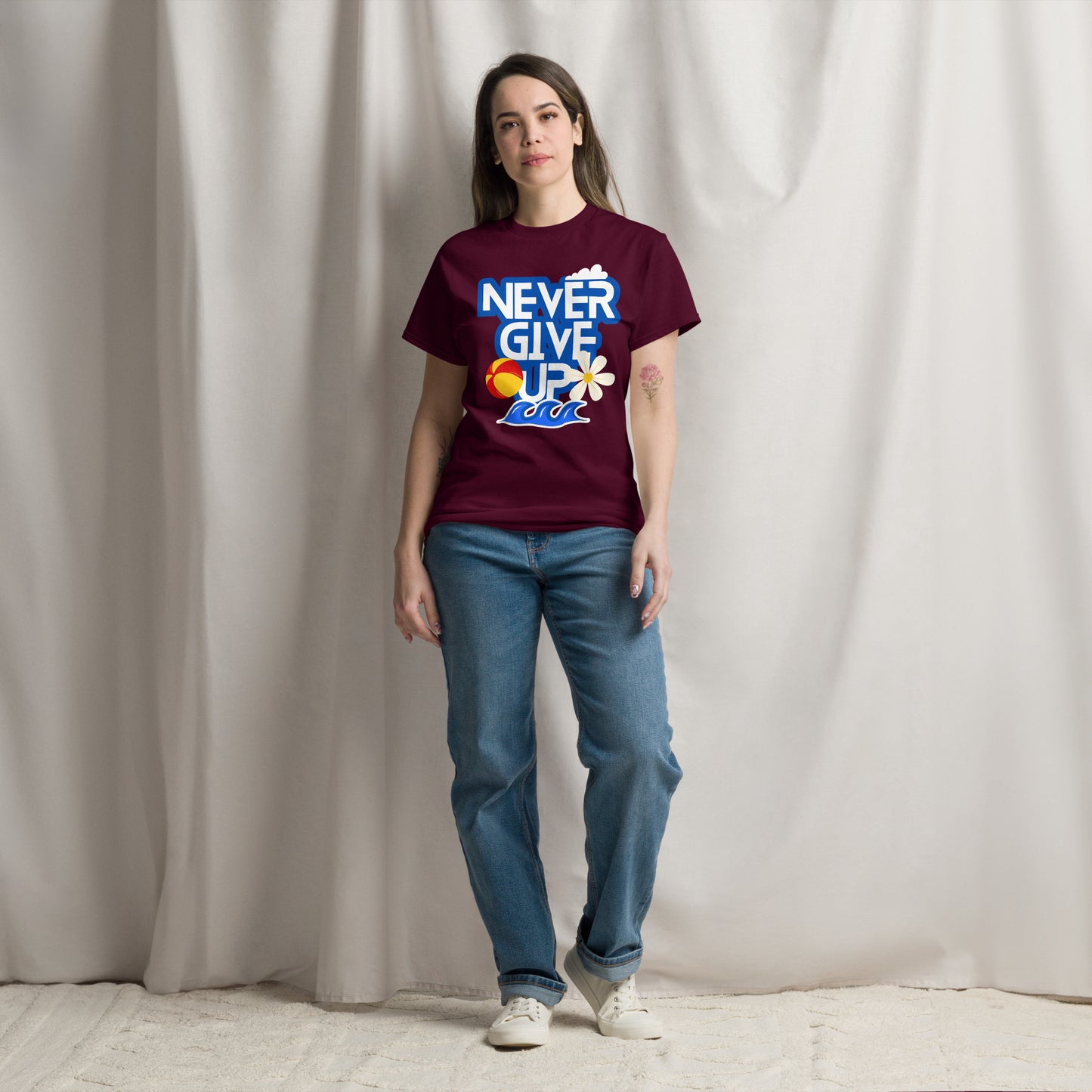Unisex motivational t-shirt with 'Never Give Up' graphic by Hipyfi Clothes & Design – inspirational summer streetwear tee. maroon-front-2