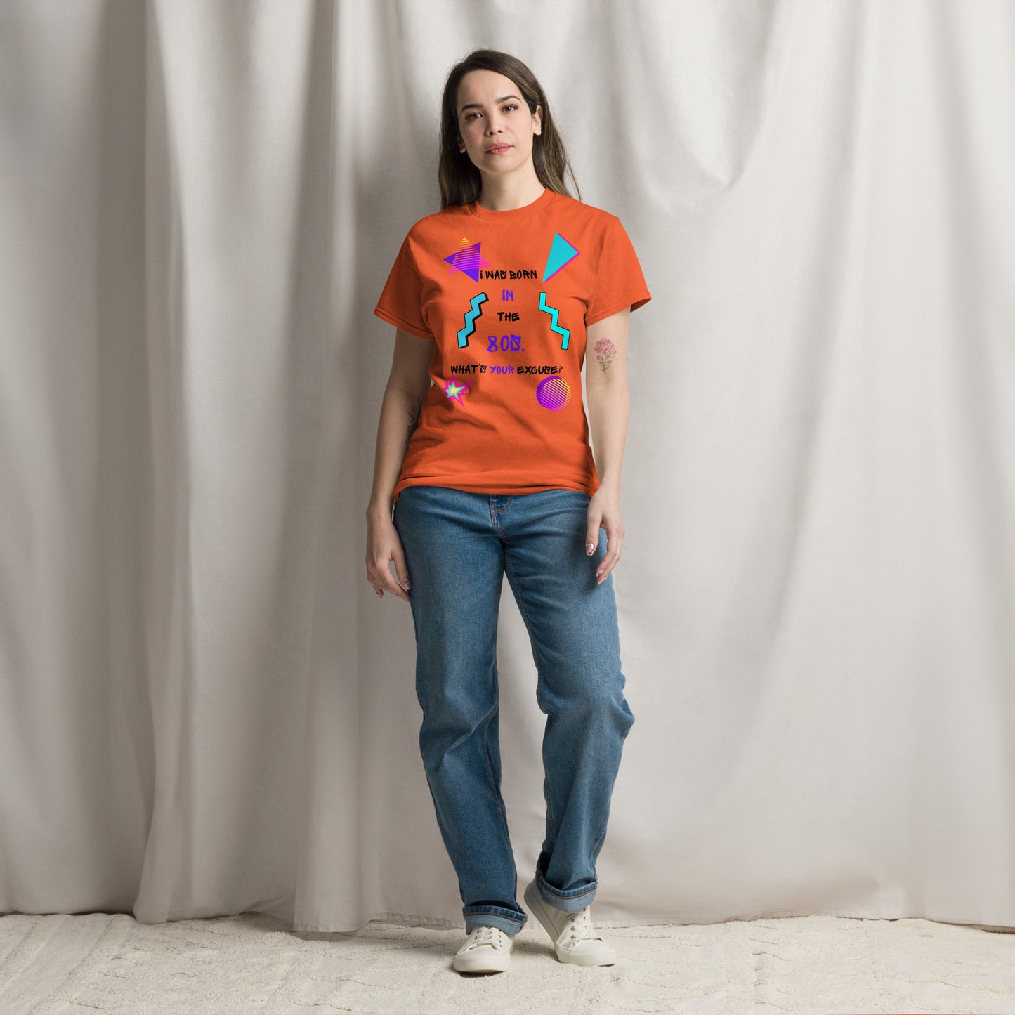 Hipyfi Retro 80s 'Born in the 80s' Unisex Tee – Vintage Graphic T-Shirt with Bold Pop Culture Design. orange-front-3