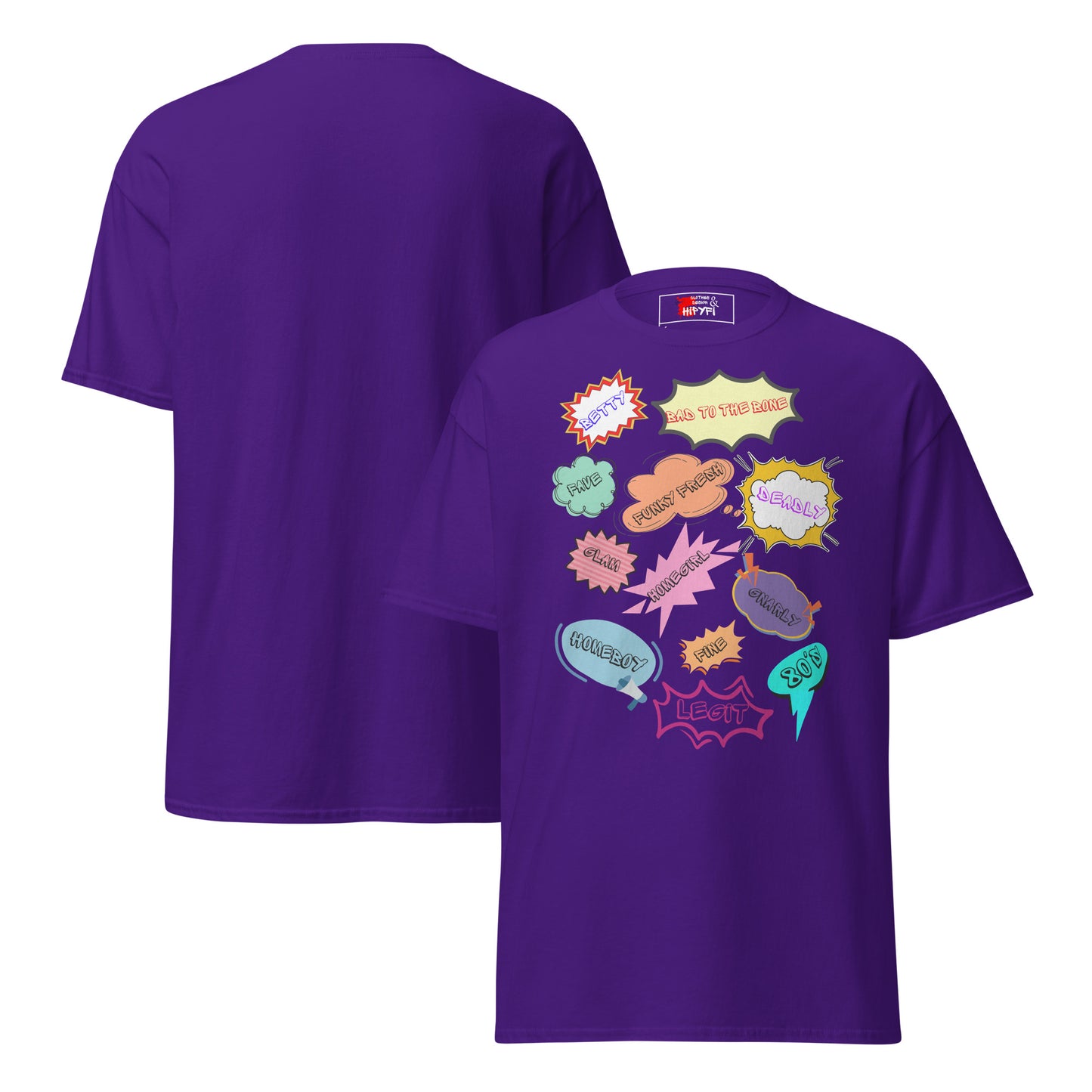 80s Comic Style Unisex T-Shirt with Retro Pop Art Graphic – Hipyfi Clothes & Design. purple-front-and-back