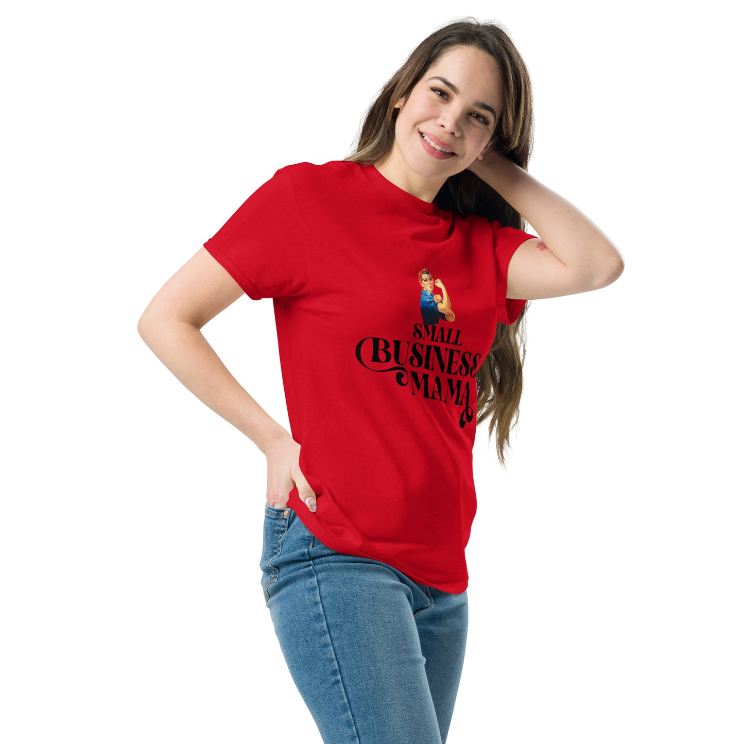 Unisex Small Business Mama Graphic T-Shirt featuring retro Rosie the Riveter design – Empowering shirt for women entrepreneurs by Hipyfi Clothes & Design. red-left-front