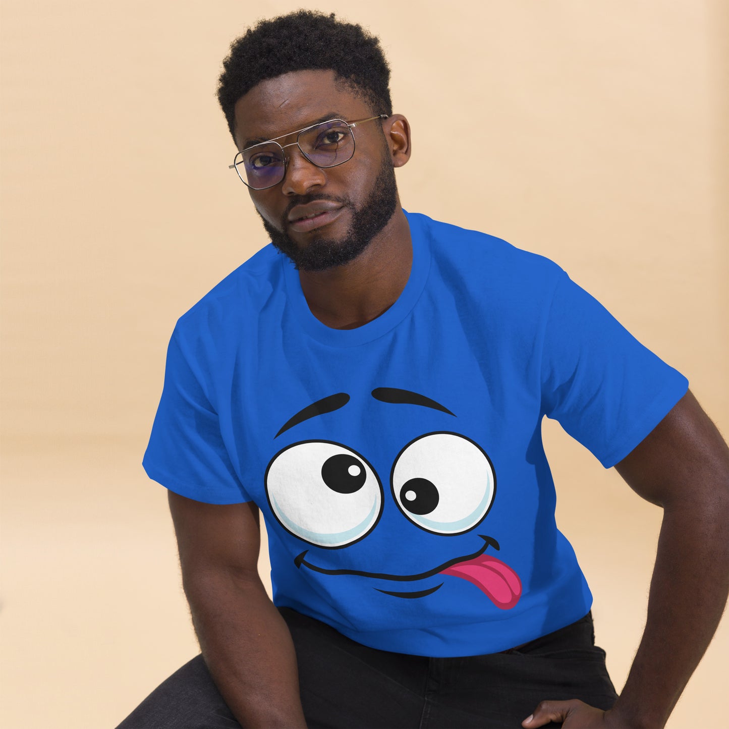 Hipyfi Playful Whimsical Cartoon Face Unisex T-Shirt – Fun Graphic Tee for Streetwear. royal-front-2