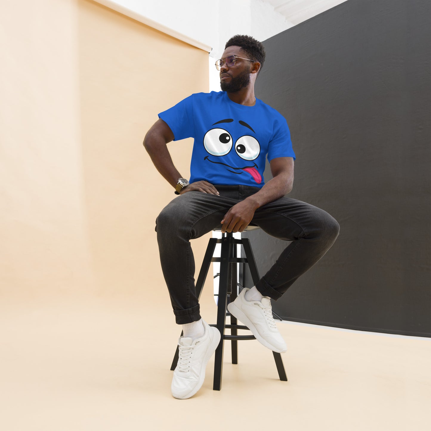 Hipyfi Playful Whimsical Cartoon Face Unisex T-Shirt – Fun Graphic Tee for Streetwear. royal-front