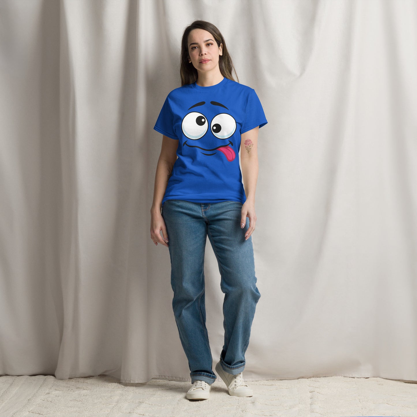 Hipyfi Playful Whimsical Cartoon Face Unisex T-Shirt – Fun Graphic Tee for Streetwear. royal-front-3