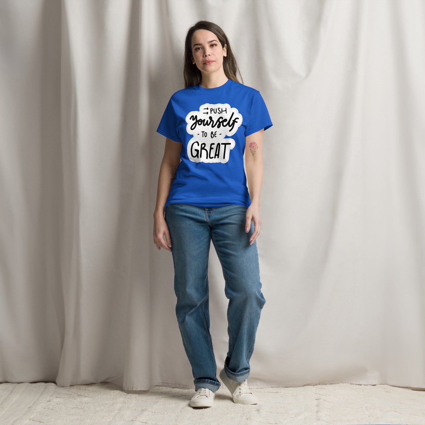Unisex motivational t-shirt with 'Push Yourself to Be Great' quote – Hipyfi streetwear tee. royal-front-3