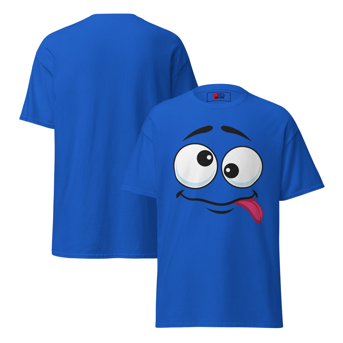Hipyfi Playful Whimsical Cartoon Face Unisex T-Shirt – Fun Graphic Tee for Streetwear. royal-front-and-back