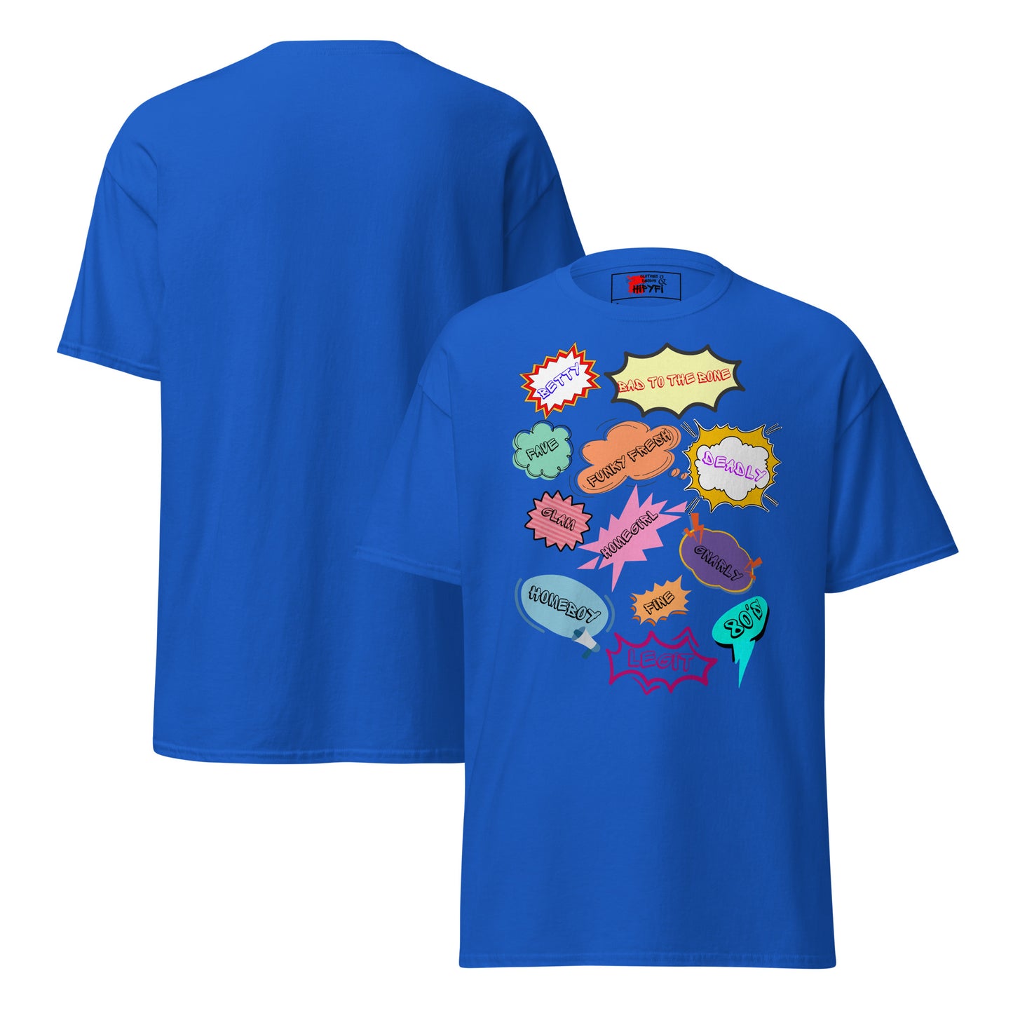 80s Comic Style Unisex T-Shirt with Retro Pop Art Graphic – Hipyfi Clothes & Design. royal-front-and-back